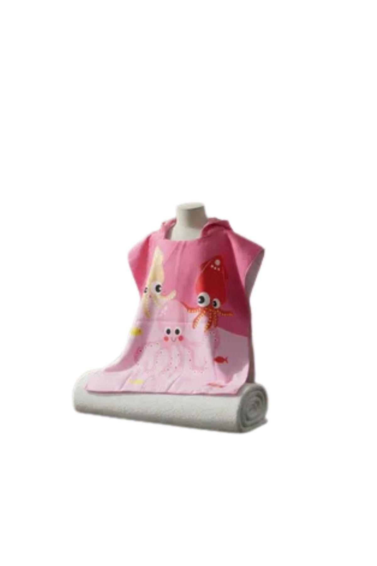 Toalla Playa Piscina Niño, Niña Capucha Diseños Pulpo Rosa-3