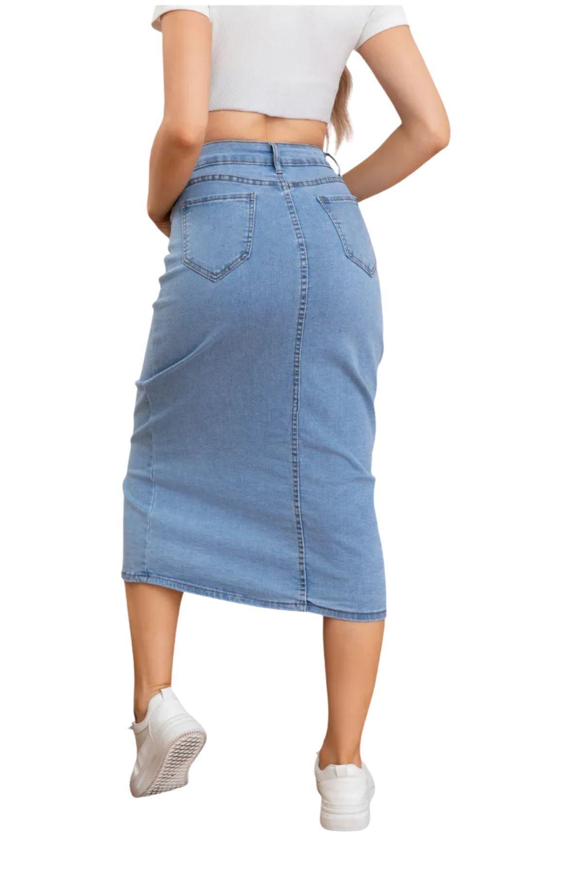 Falda Larga Jeans Con Botones - Elástica, Tiro Alto. Moderna 6008-3