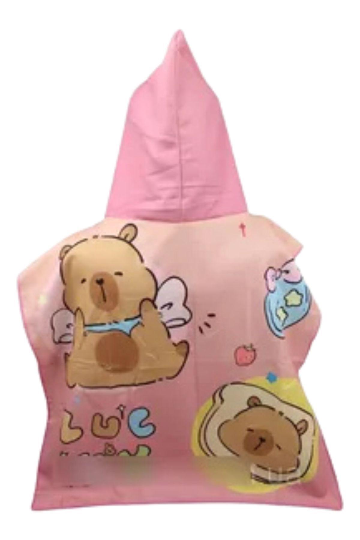 Toalla Playa Piscina Niño, Niña Capucha Diseños Capibara Cucky Rosada-4