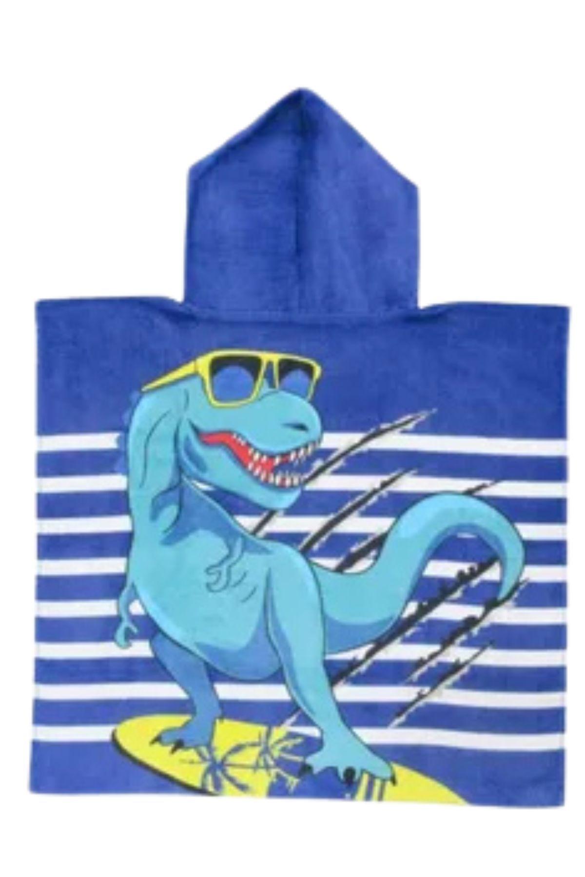 Toalla Playa Piscina Niño, Niña Capucha Diseños Dino Lineas Azul -4