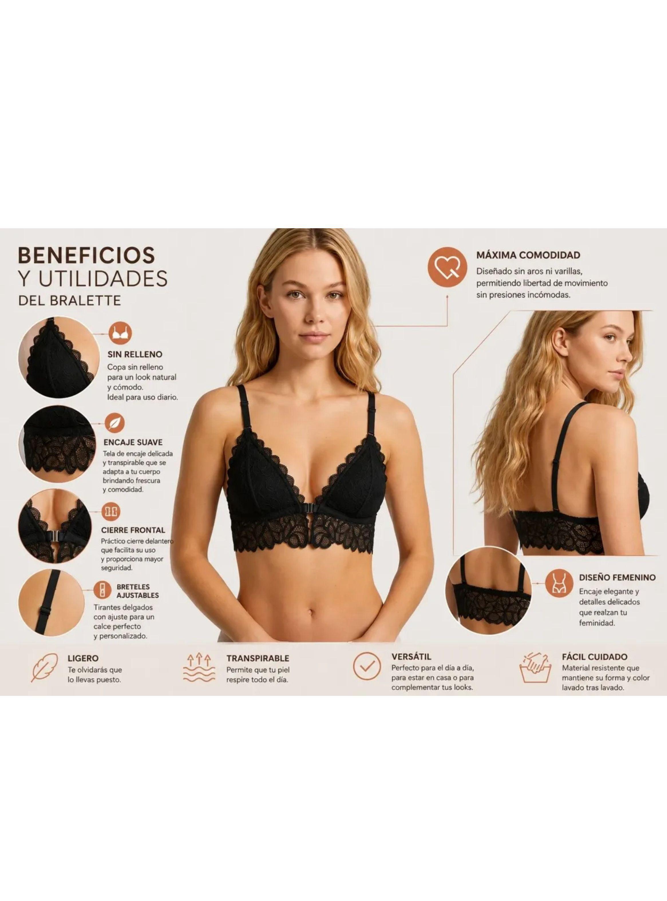 Pack 3 Bralette Mujer Encaje Cierre Frontal Bretel Ajustable 606-3