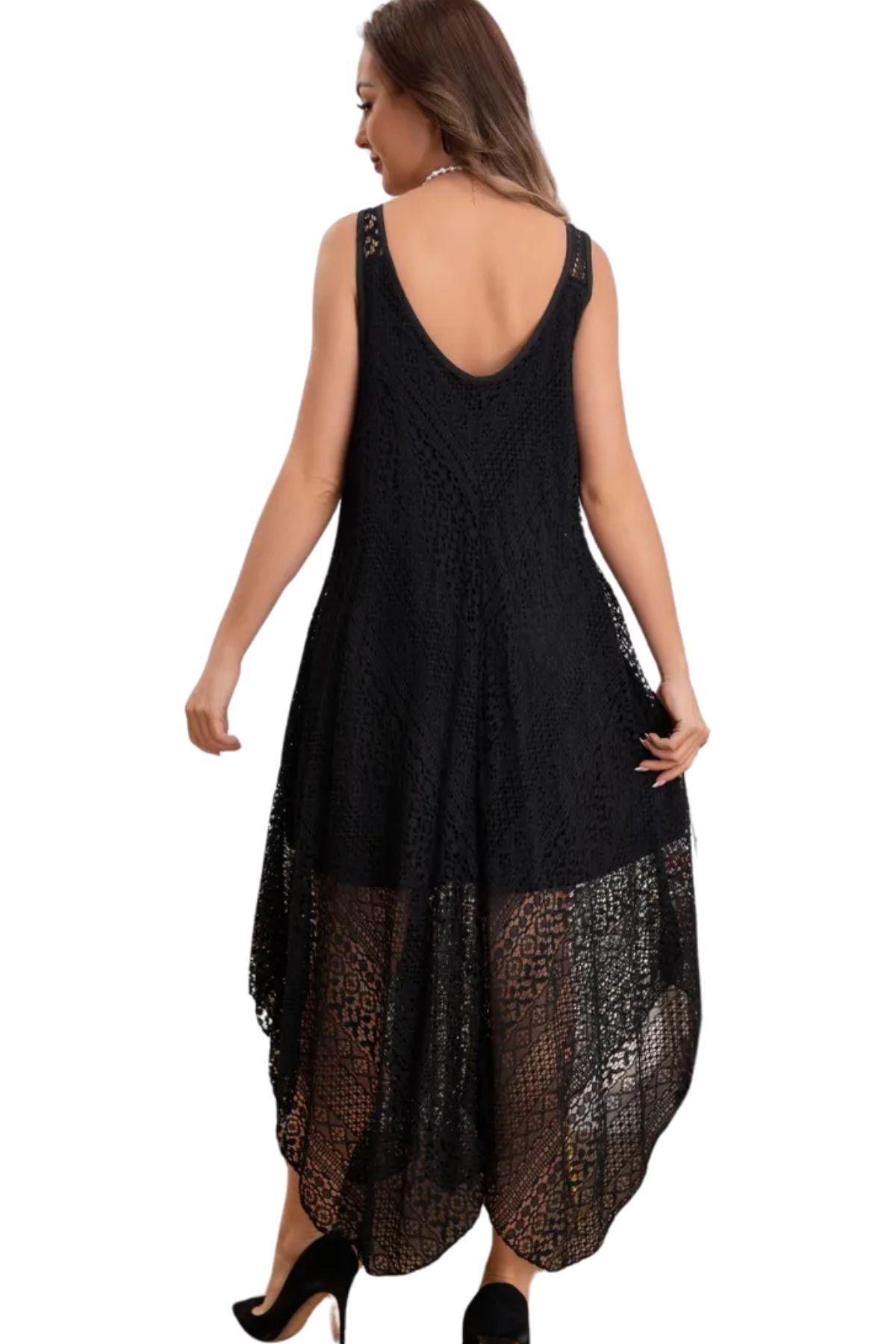 Maxi Vestido Playa Tejido, Caída En Punta, Tipo Macramé 8058-2
