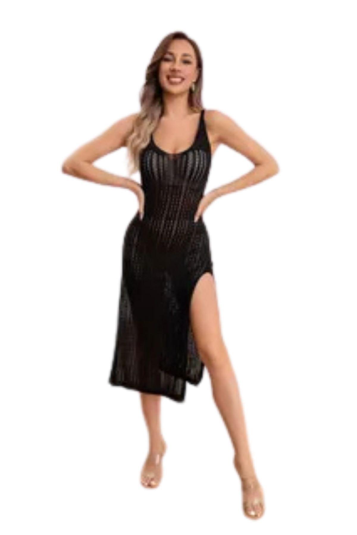 Maxi Vestido Playa Tejido, Caída En Punta, Tipo Macramé 8058-1