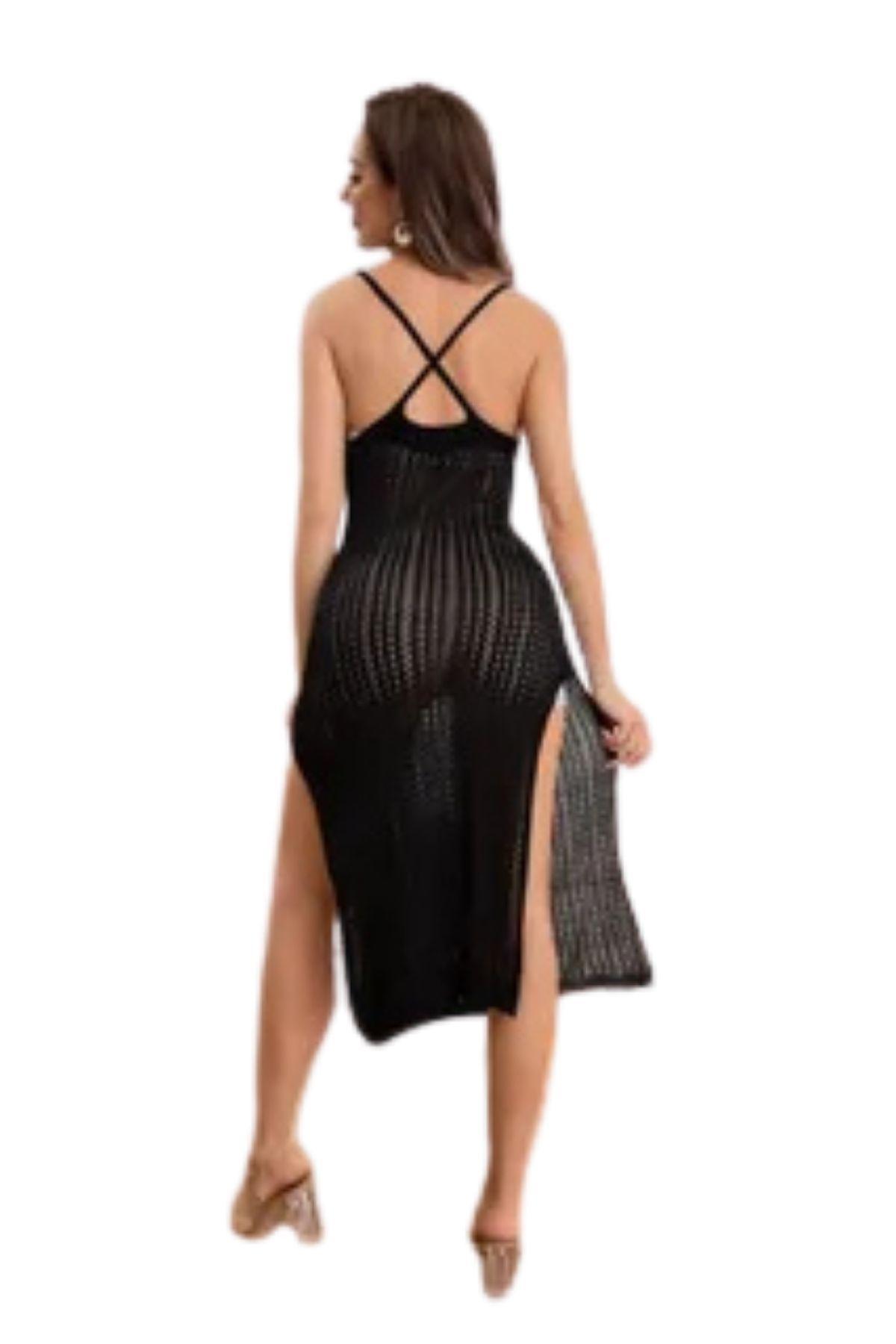 Maxi Vestido Playa Tejido, Caída En Punta, Tipo Macramé 8058-2