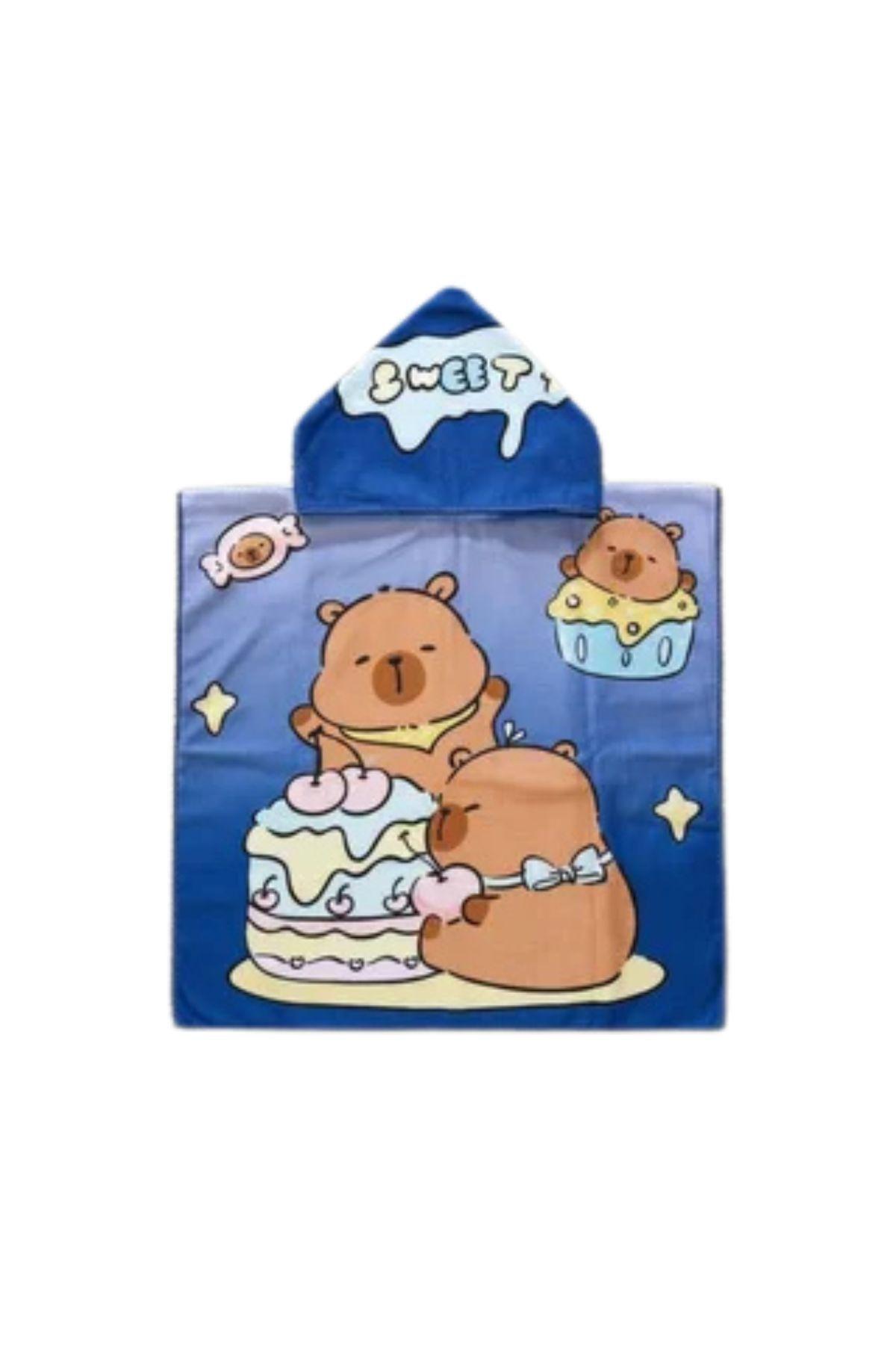 Toalla Playa Piscina Niño, Niña Capucha Diseños Capibara Cupcake Celeste -3