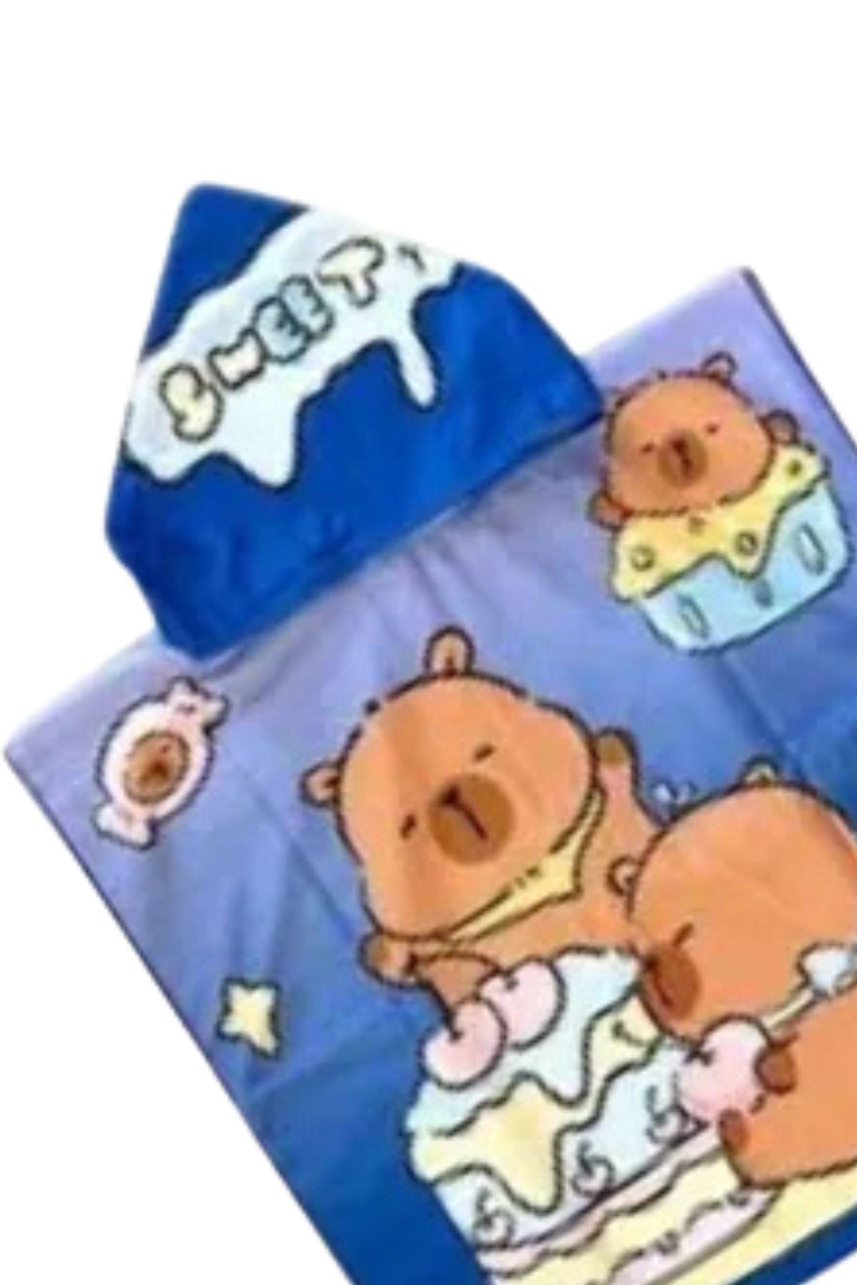 Toalla Playa Piscina Niño, Niña Capucha Diseños Capibara Cupcake Celeste -4