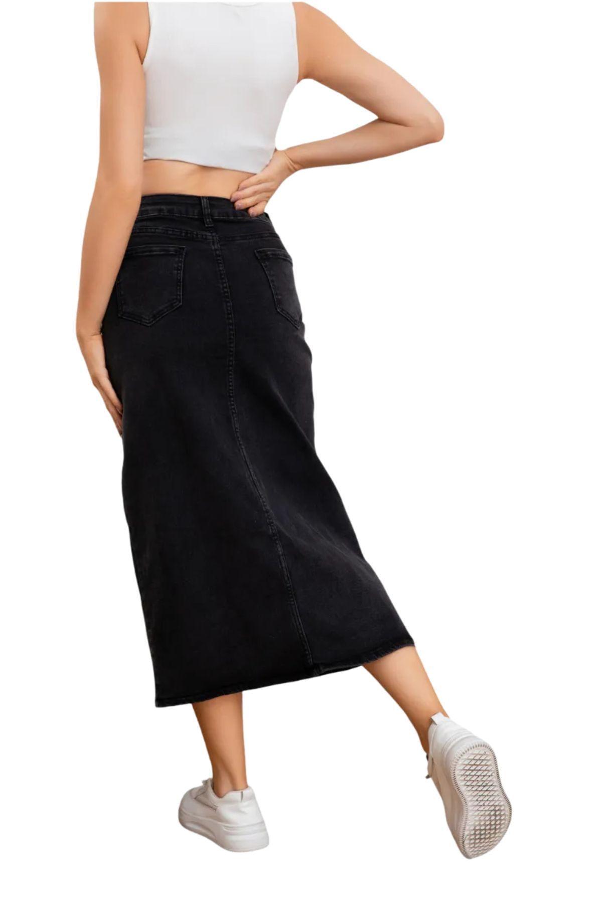 Falda Larga Jeans Elasticada, Tiro Alto, Abertura Al Centro. 6005-3