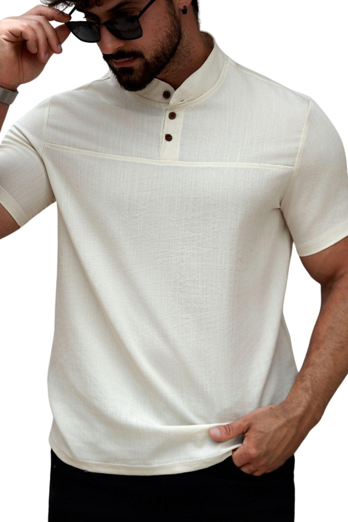 Camisa Hombre Cuello Mao Simil Lino Elegante Y Ligera 0274-0