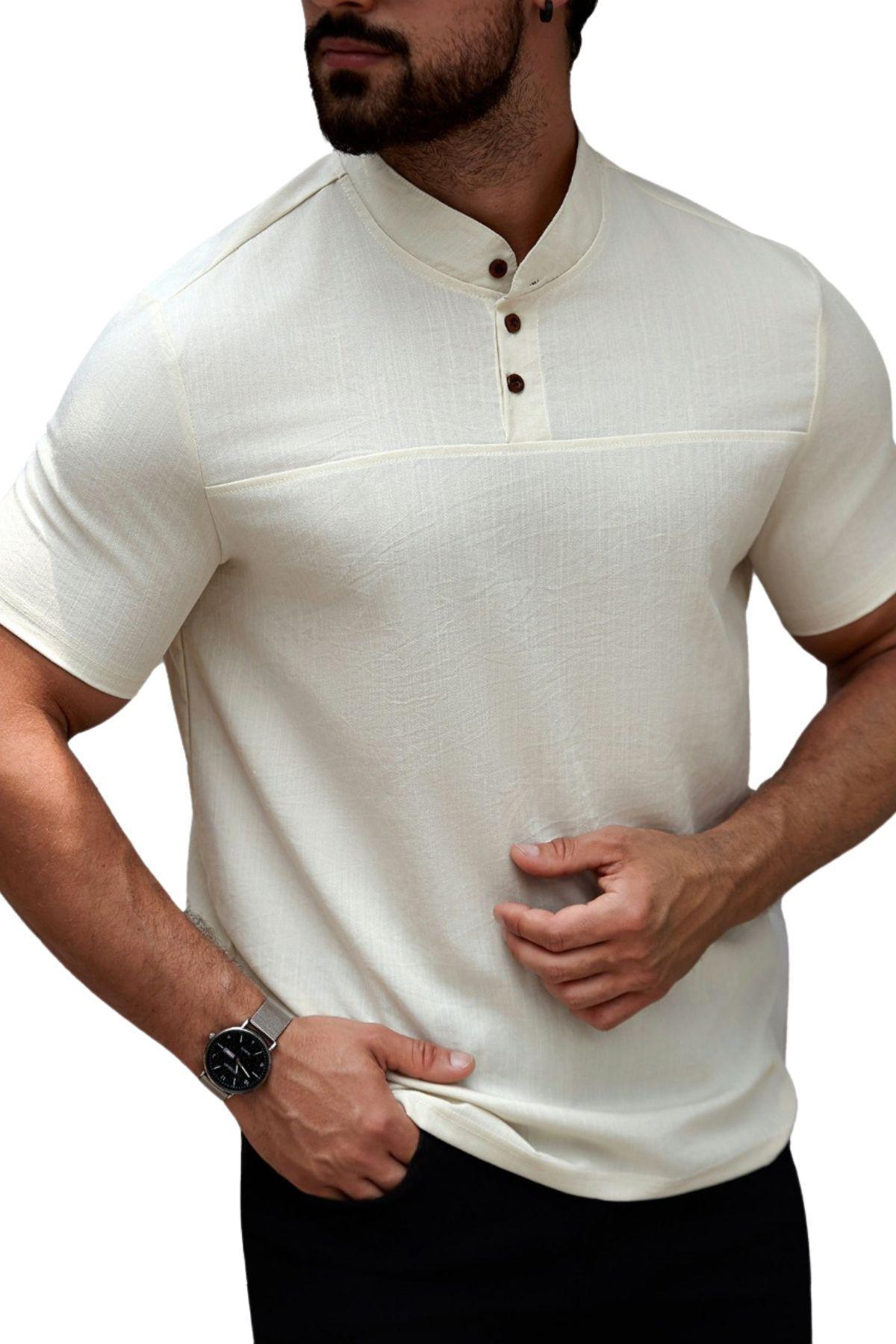 Camisa Hombre Cuello Mao Simil Lino Elegante Y Ligera 0274-0