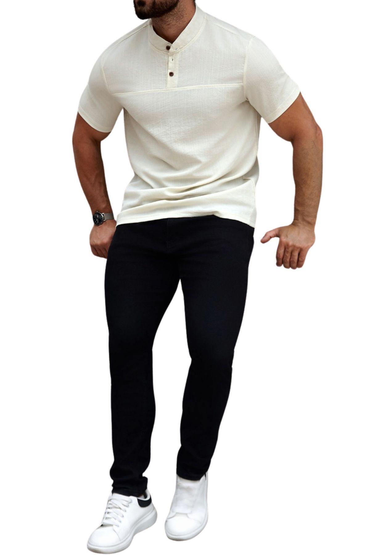 Camisa Hombre Cuello Mao Simil Lino Elegante Y Ligera 0274-1