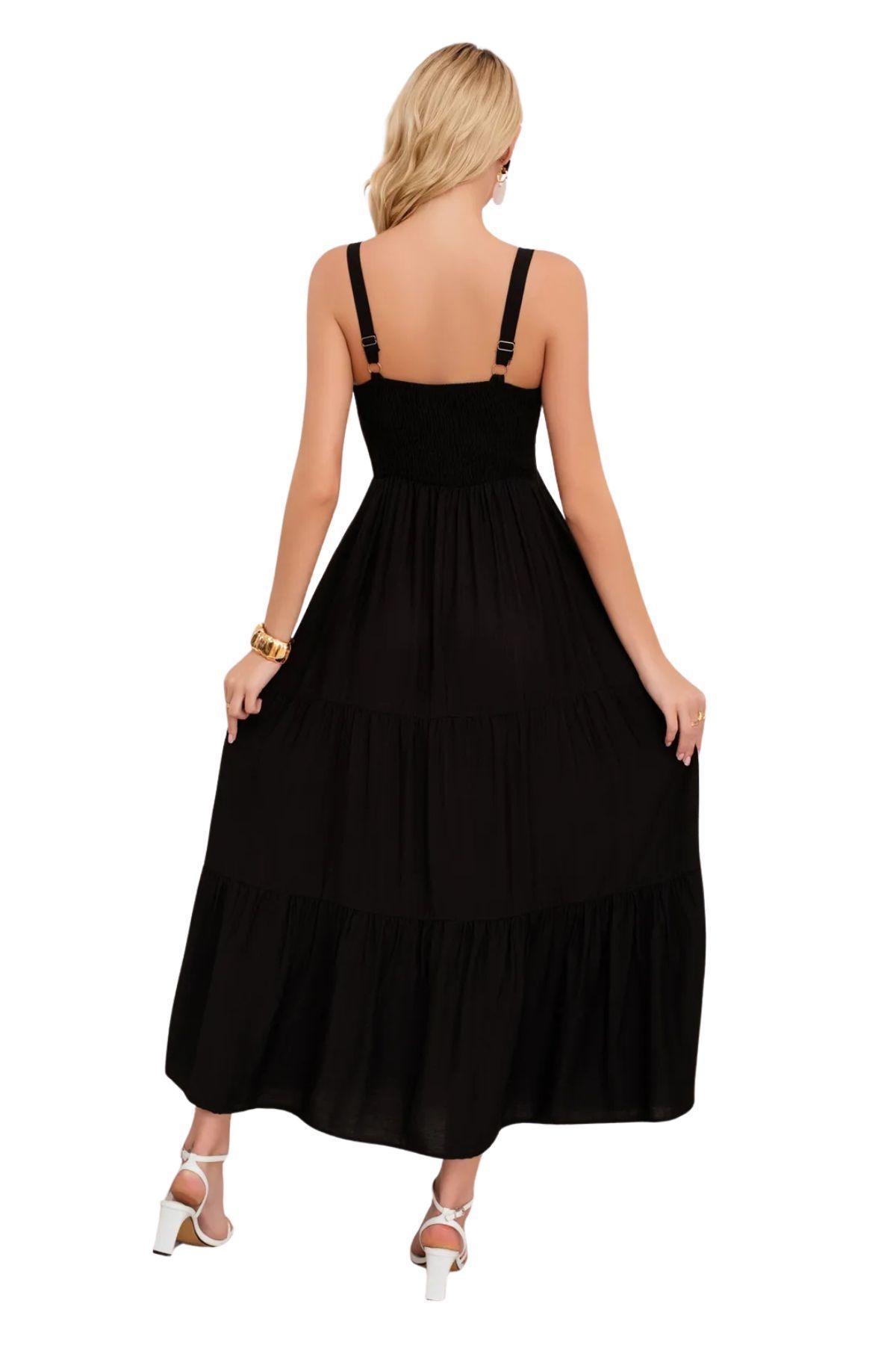 Vestido Largo Liso Con Tirantes Ajustables Y Detalle Frontal 3361-2