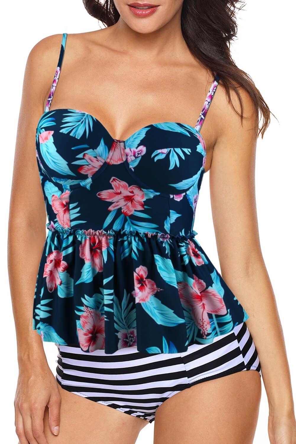 Traje De Baño Tankini Flores Y Piñas Gloriahoon Talla M-2