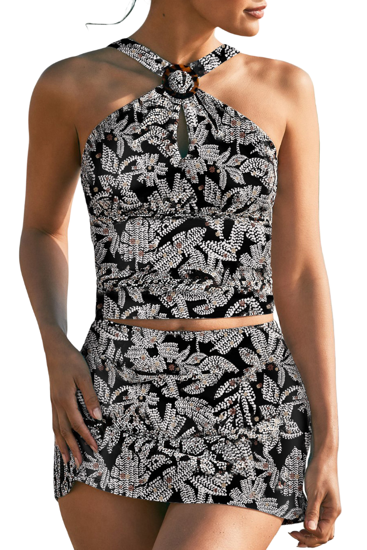 Tankini sexy falda, cruzado, estampado negro Gloriahoon-0