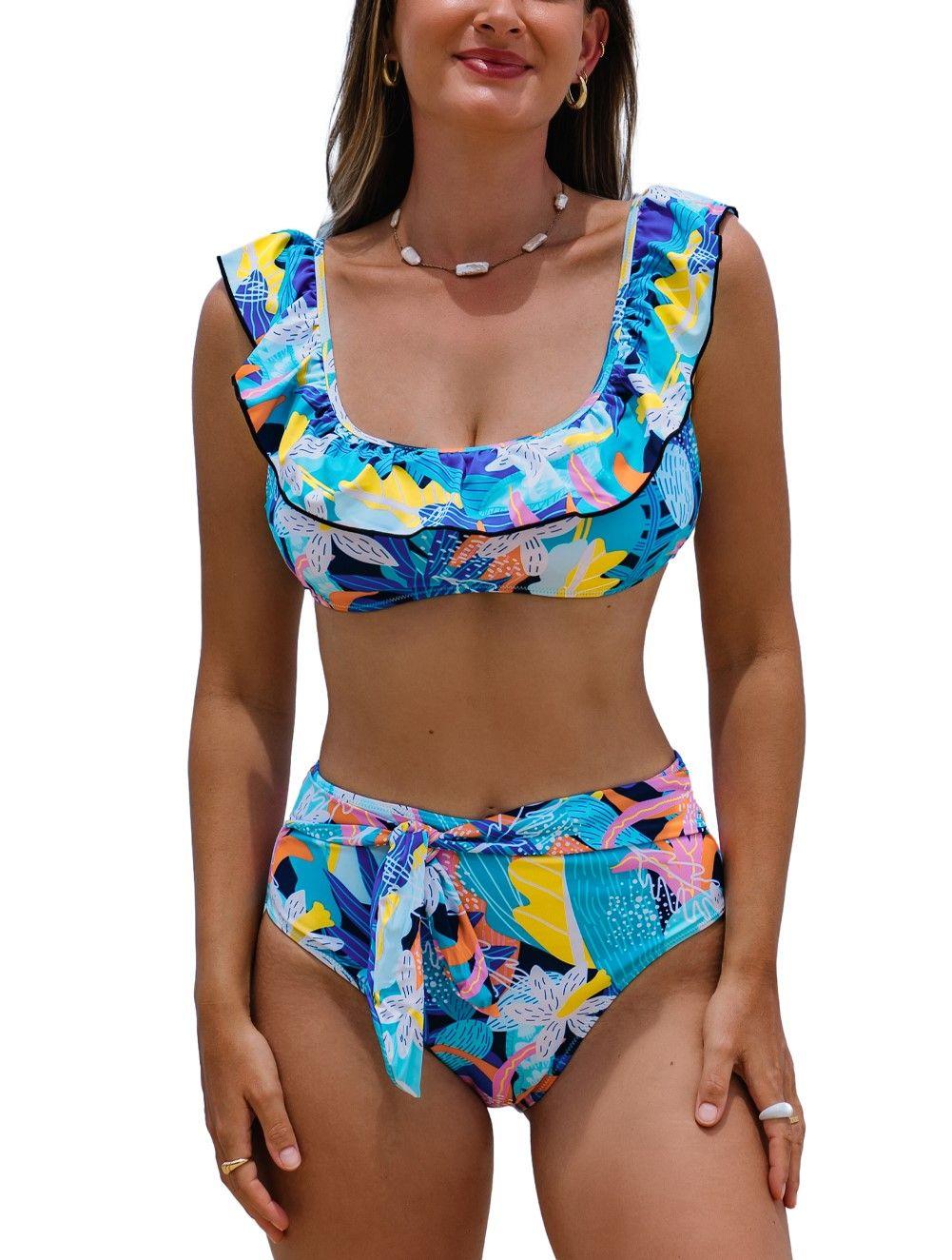 Bikini Sexy Cintura Alta vuelos y lazo Gloriahoon-0