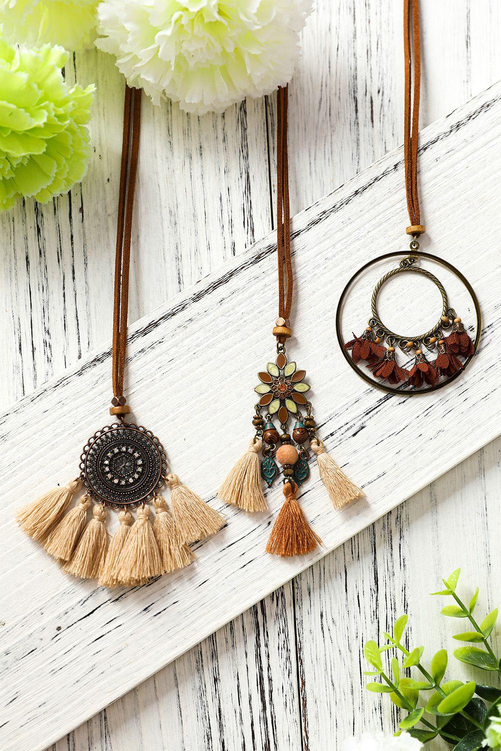 Collar 3 Piezas con colgante borlas retro bohemio Gloriahoon-4