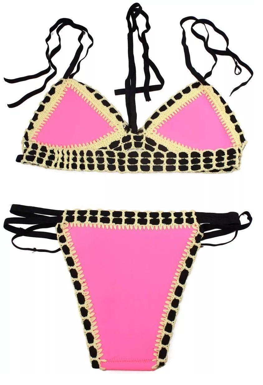 Bikini Sexy Neopreno Rosado Detalles Crochet Gloriahoon-0