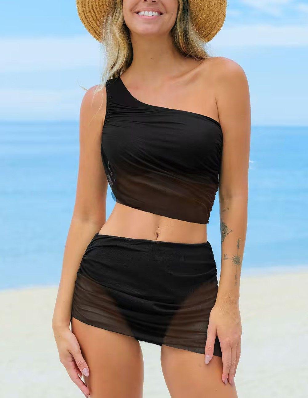 Bikini de un solo hombro y falda de malla Gloriahoon-2