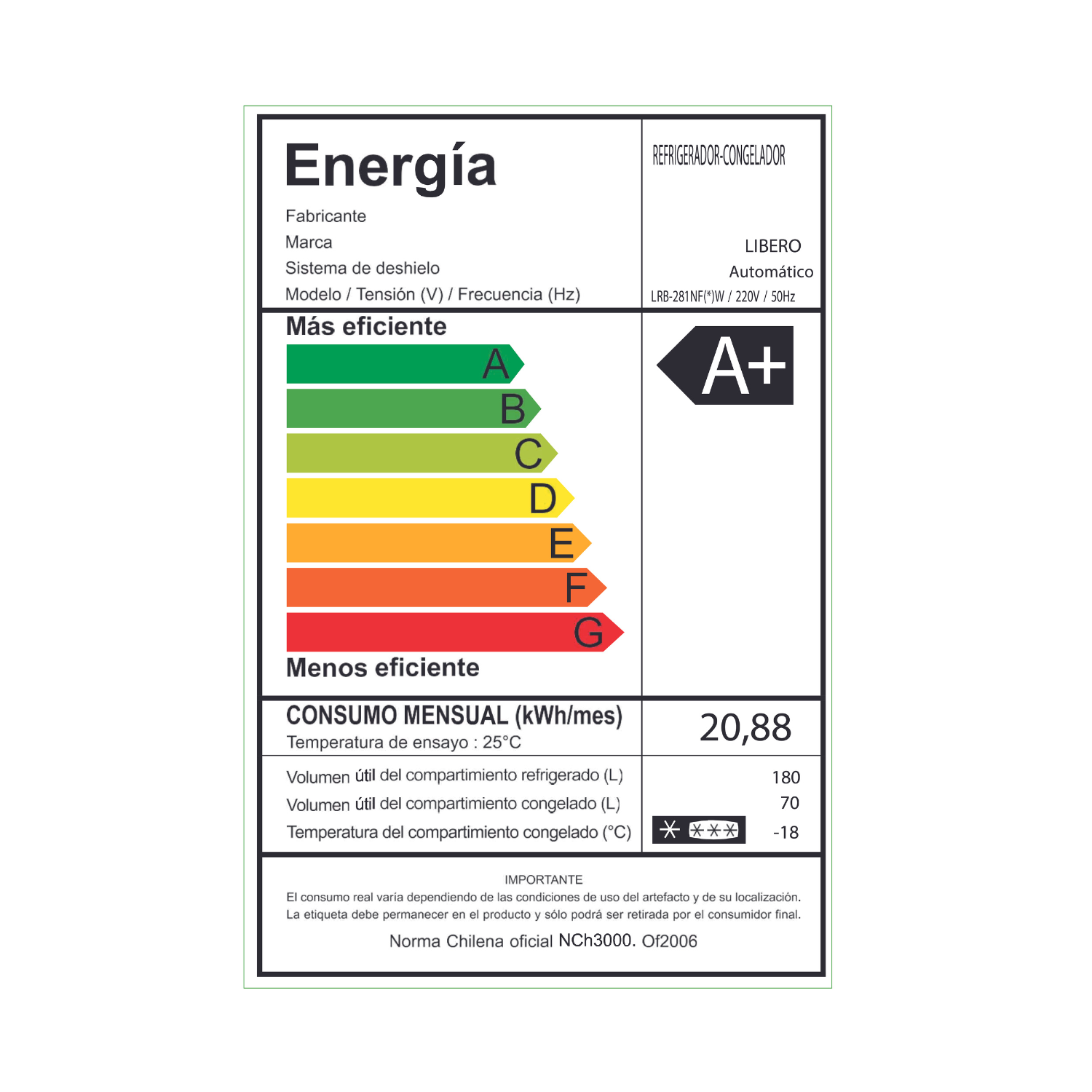 REFRIGERADOR BOTTOM FREEZER NO FROST 250 LTS. LRB-281NFIW-3