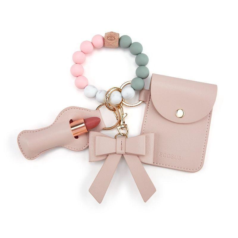 Ecosusi Llavero de Pulsera con Billetera y Estuche para Labial - Rosado-1