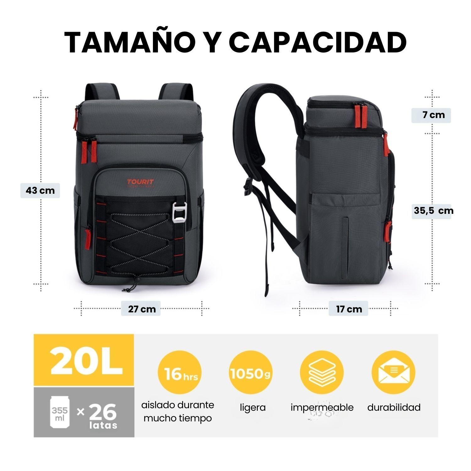 Tourit Mochila Térmica Dual Zone 26 latas 20L Impermeable Gris Oscuro-3