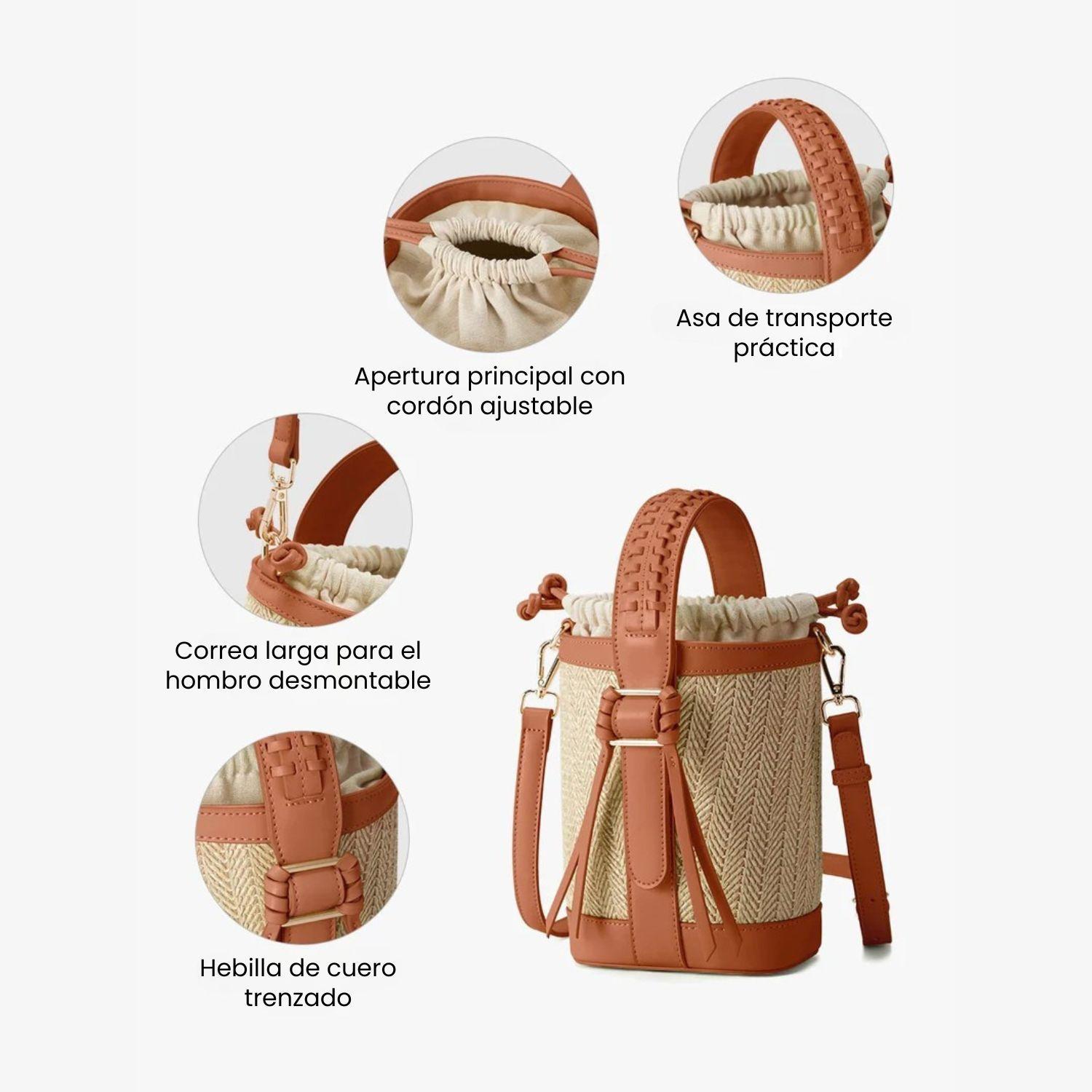 Ecosusi Bolso Bandolera Tipo Cubo Marina de Rafia Natural Marrón-4