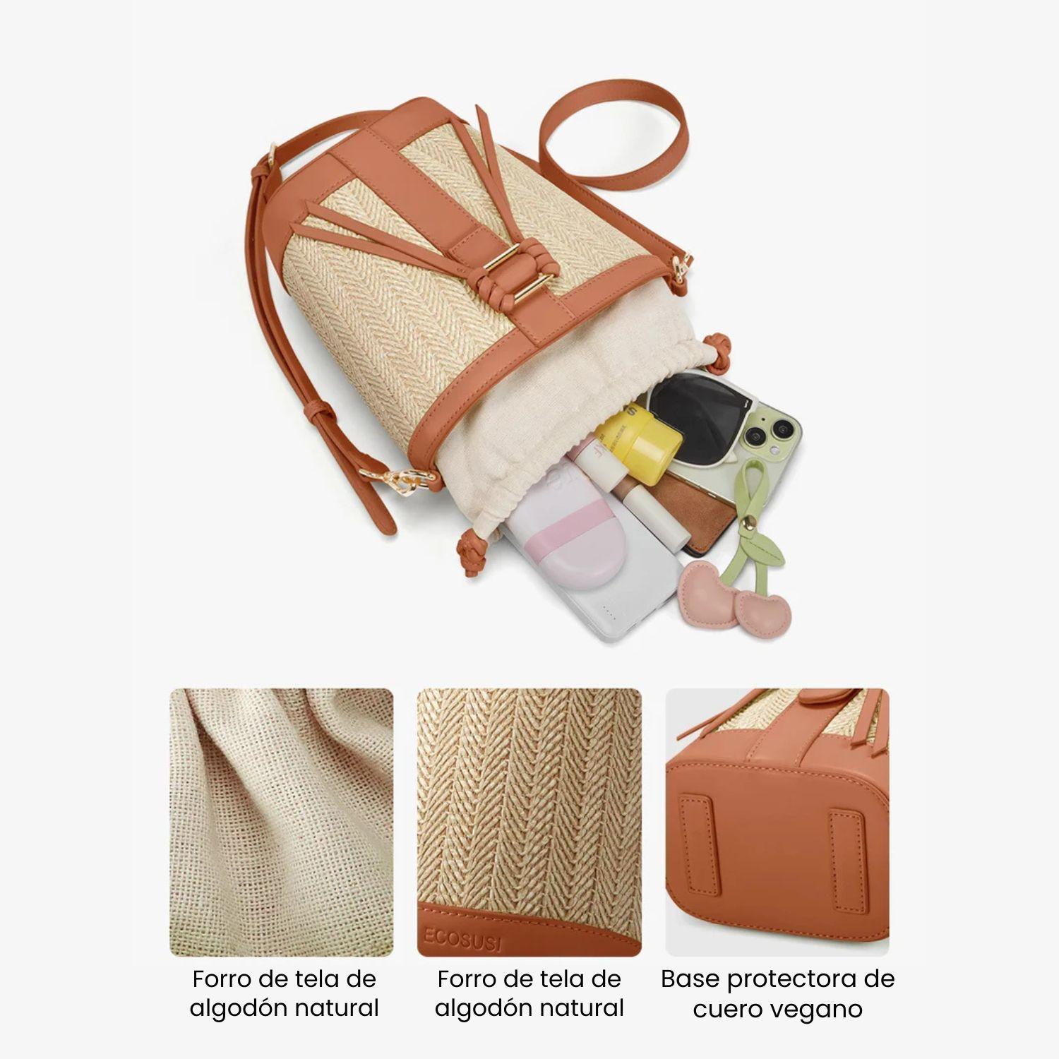 Ecosusi Bolso Bandolera Tipo Cubo Marina de Rafia Natural Marrón-5