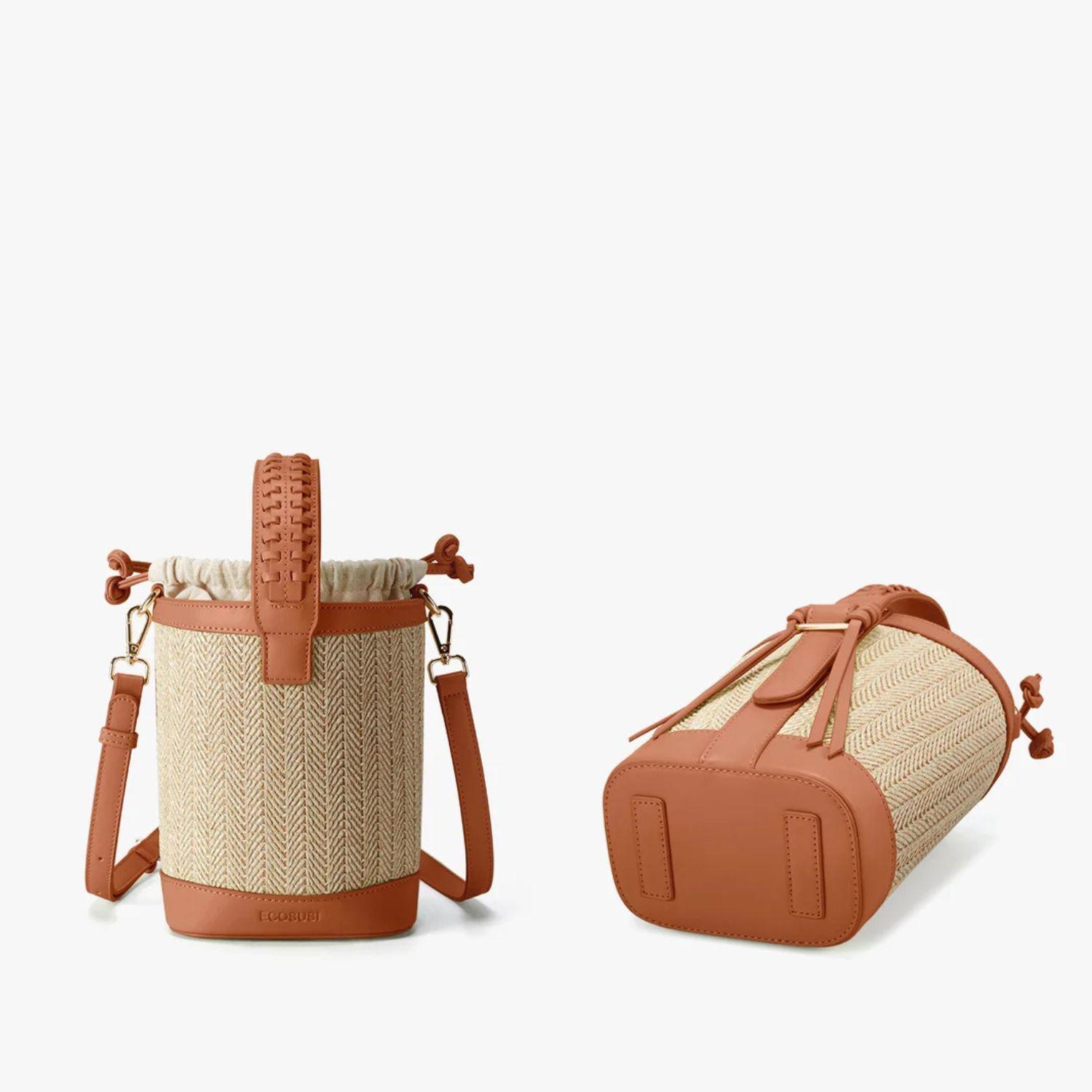 Ecosusi Bolso Bandolera Tipo Cubo Marina de Rafia Natural Marrón-7