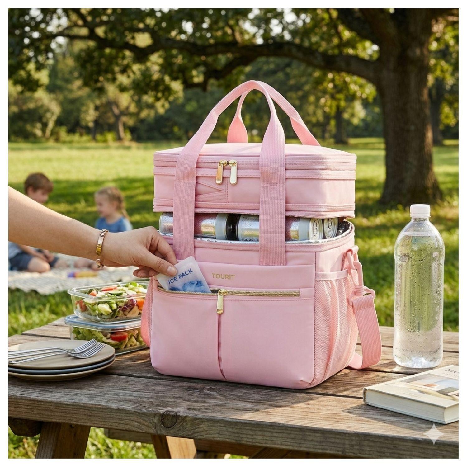 Tourit Lonchera Térmica Double Deck 23 latas 13L Expandible Rosado-2