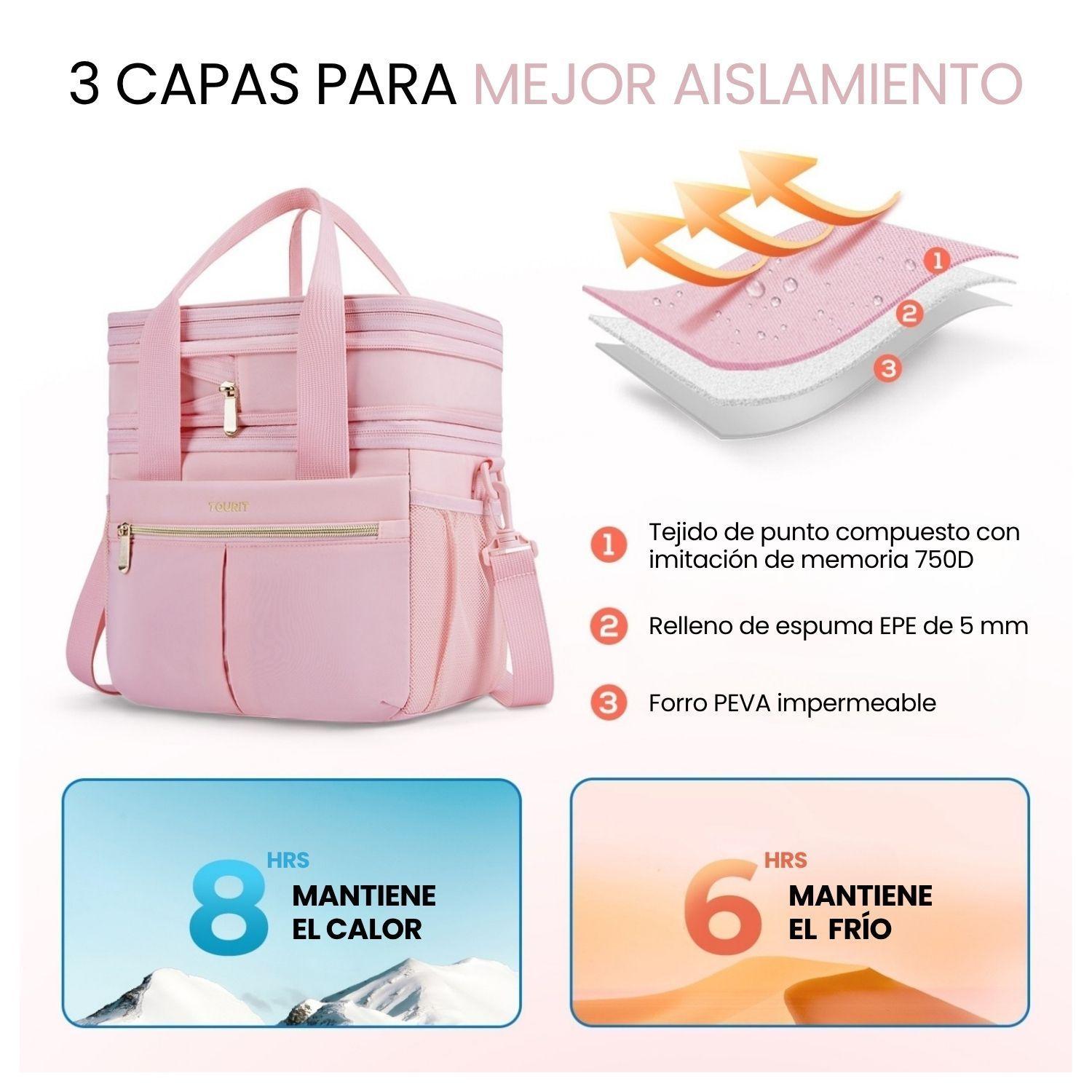 Tourit Lonchera Térmica Double Deck 23 latas 13L Expandible Rosado-6