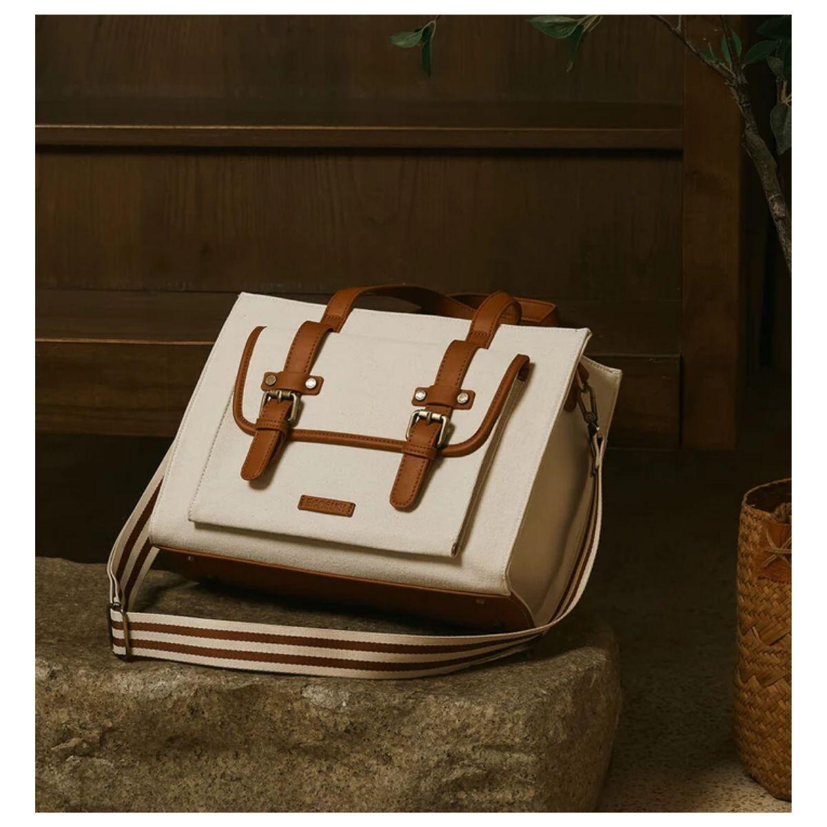 Ecosusi Bolso Tote Lienzo de Olivia para notebook 13" -Blanco y Marrón-7