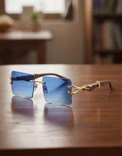 Lentes de Sol Rectangulares Unisex Fan l UV400 Marco Dorado y Lente Azul-3