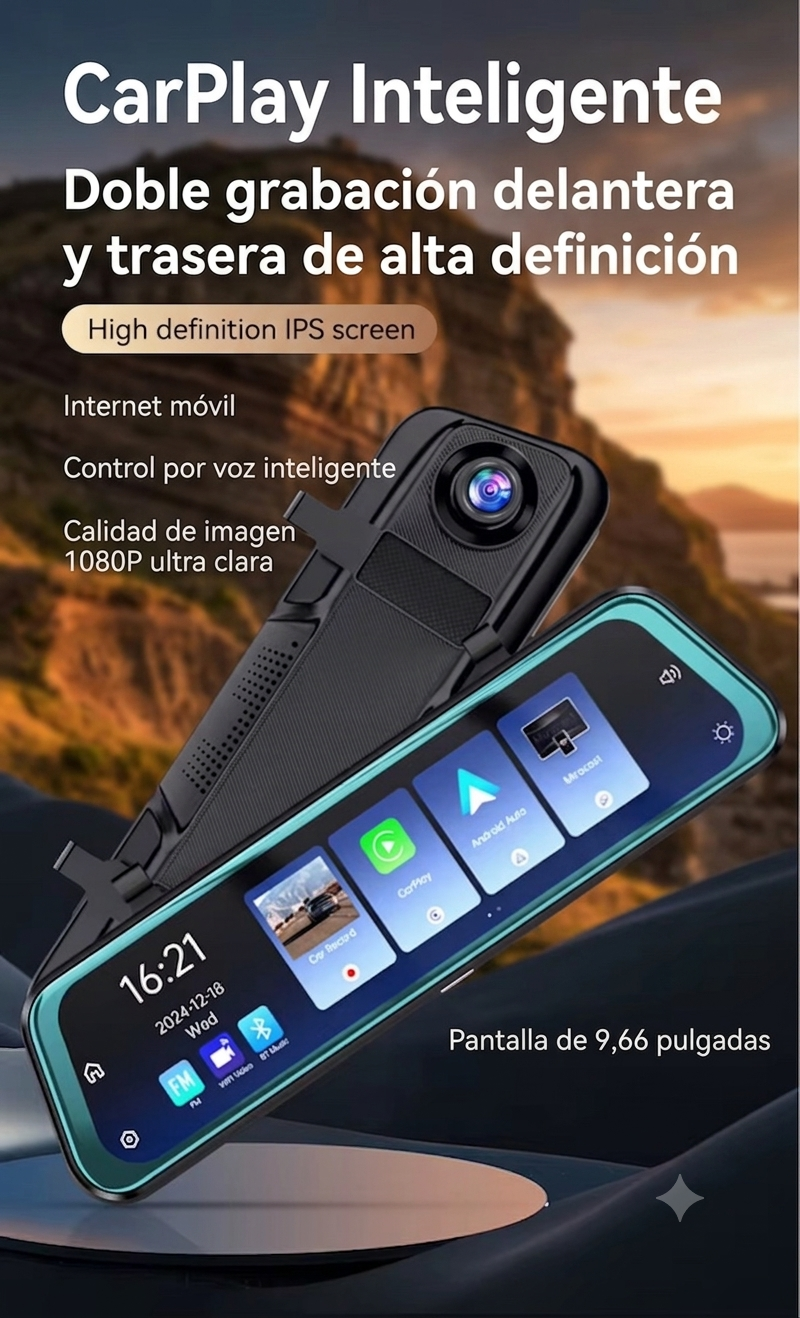 Cámara espejo retrovisor Dashcam con Carplay y Android Auto Mirror Link 9 66-1