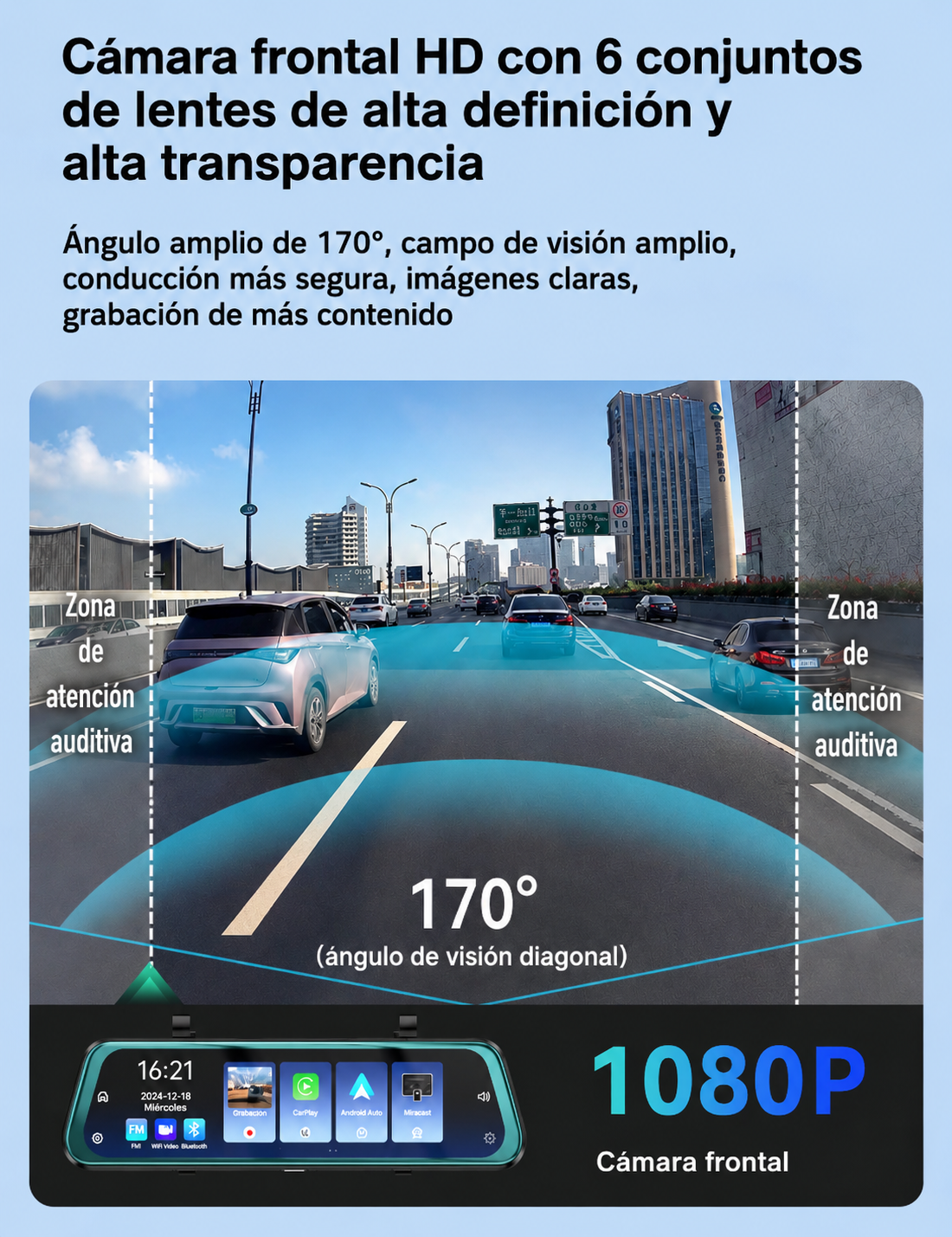 Cámara espejo retrovisor Dashcam con Carplay y Android Auto Mirror Link 9 66-3