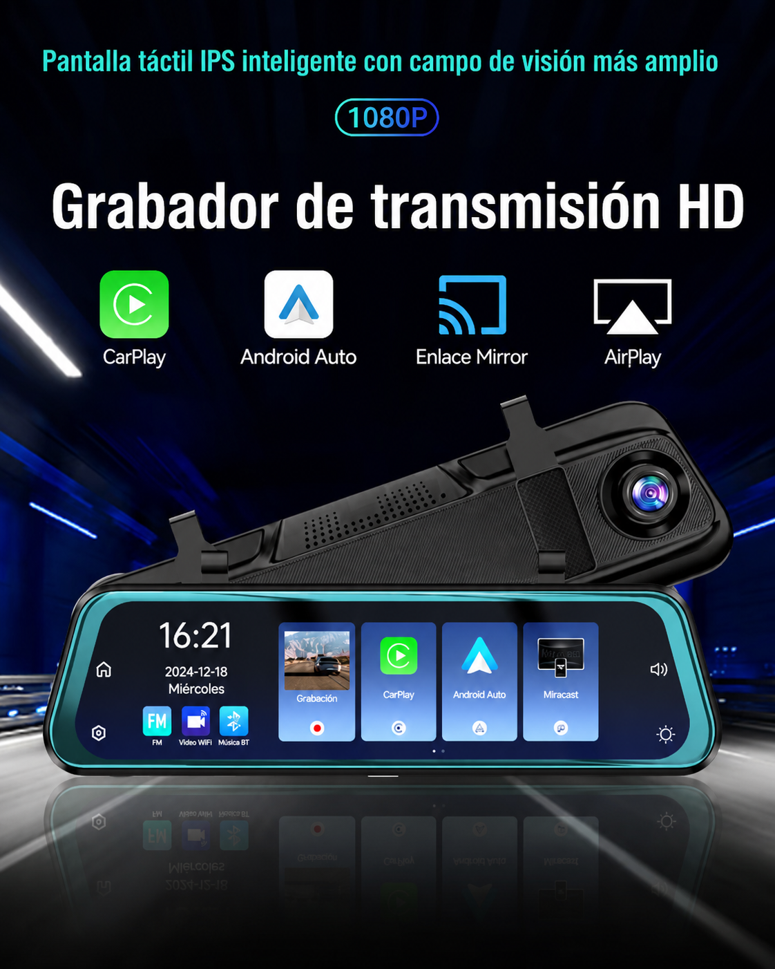 Cámara espejo retrovisor Dashcam con Carplay y Android Auto Mirror Link 9 66-4