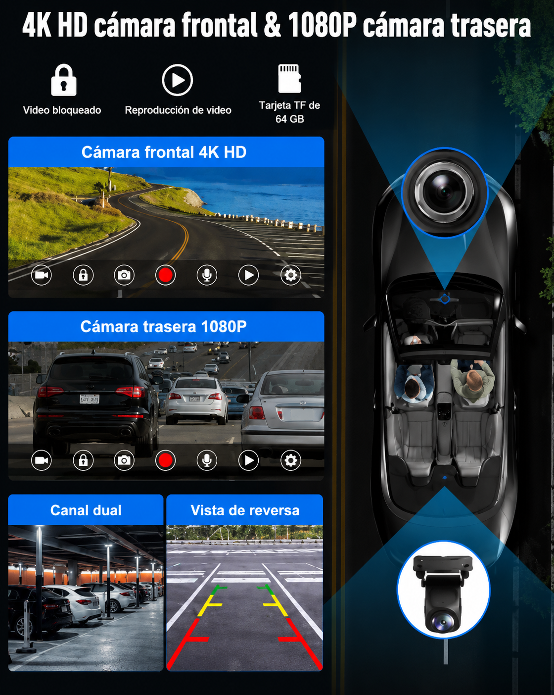 Cámara espejo retrovisor Dashcam con Carplay y Android Auto Mirror Link 9 66-5
