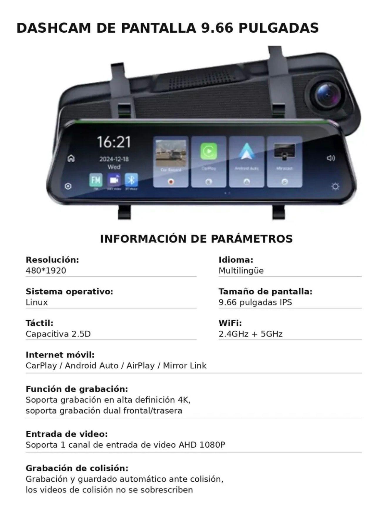 Cámara espejo retrovisor Dashcam con Carplay y Android Auto Mirror Link 9 66-8