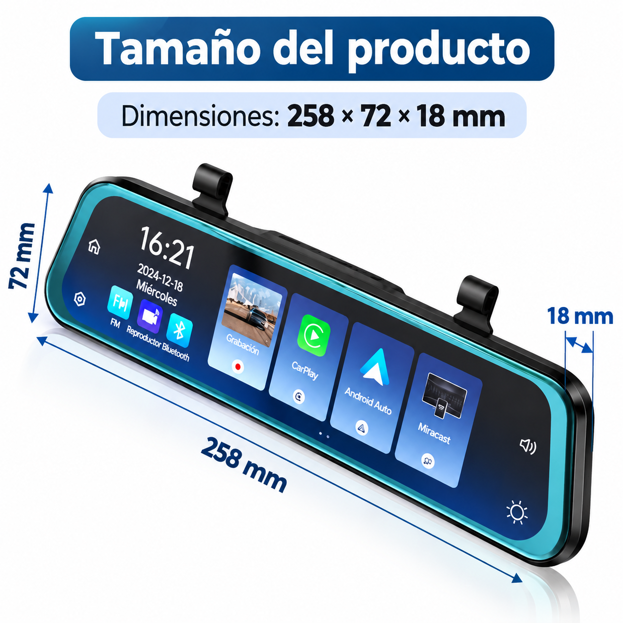 Cámara espejo retrovisor Dashcam con Carplay y Android Auto Mirror Link 9 66-9