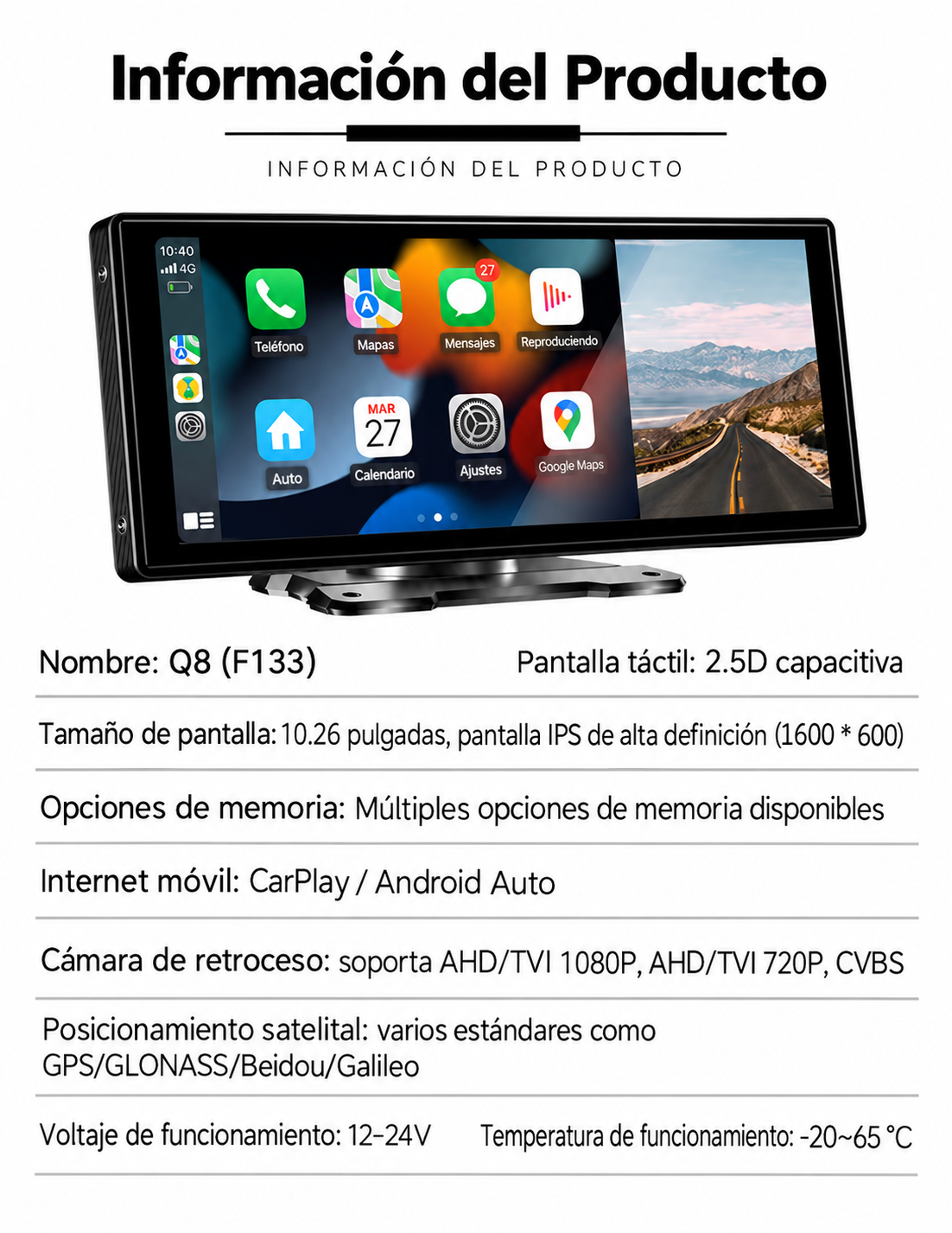 Pantalla Carplay Android Auto 10 26 tactil inalambrica-5
