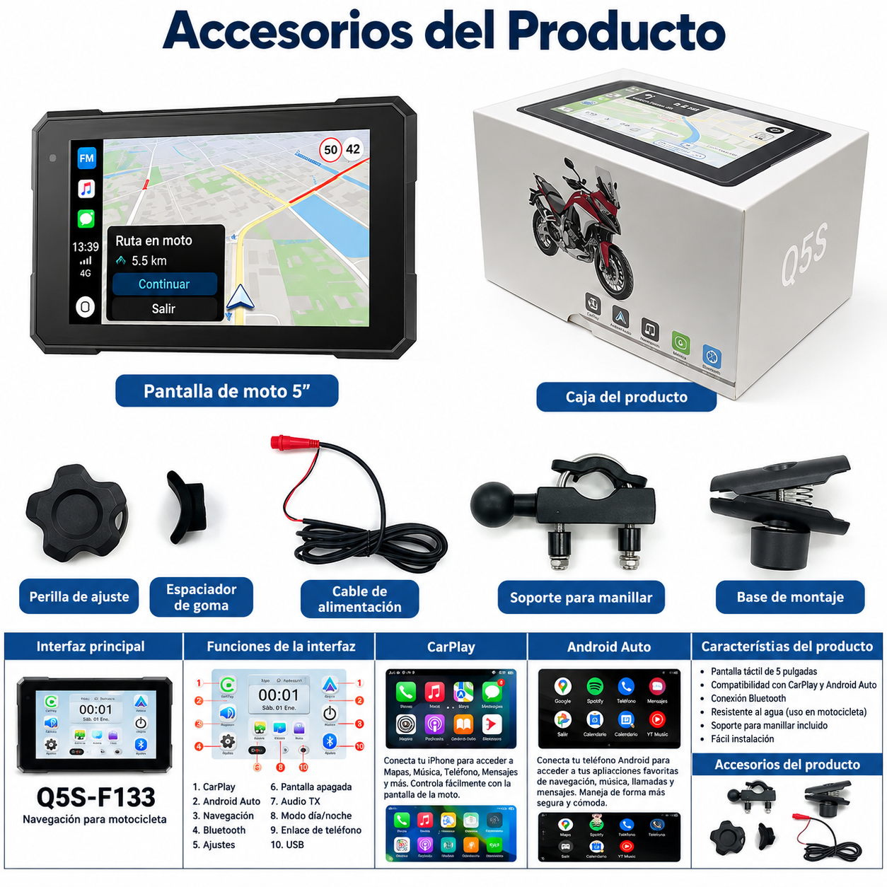 Pantalla Tactil con Carplay y Android para motocicletas 5" Impermeable-1