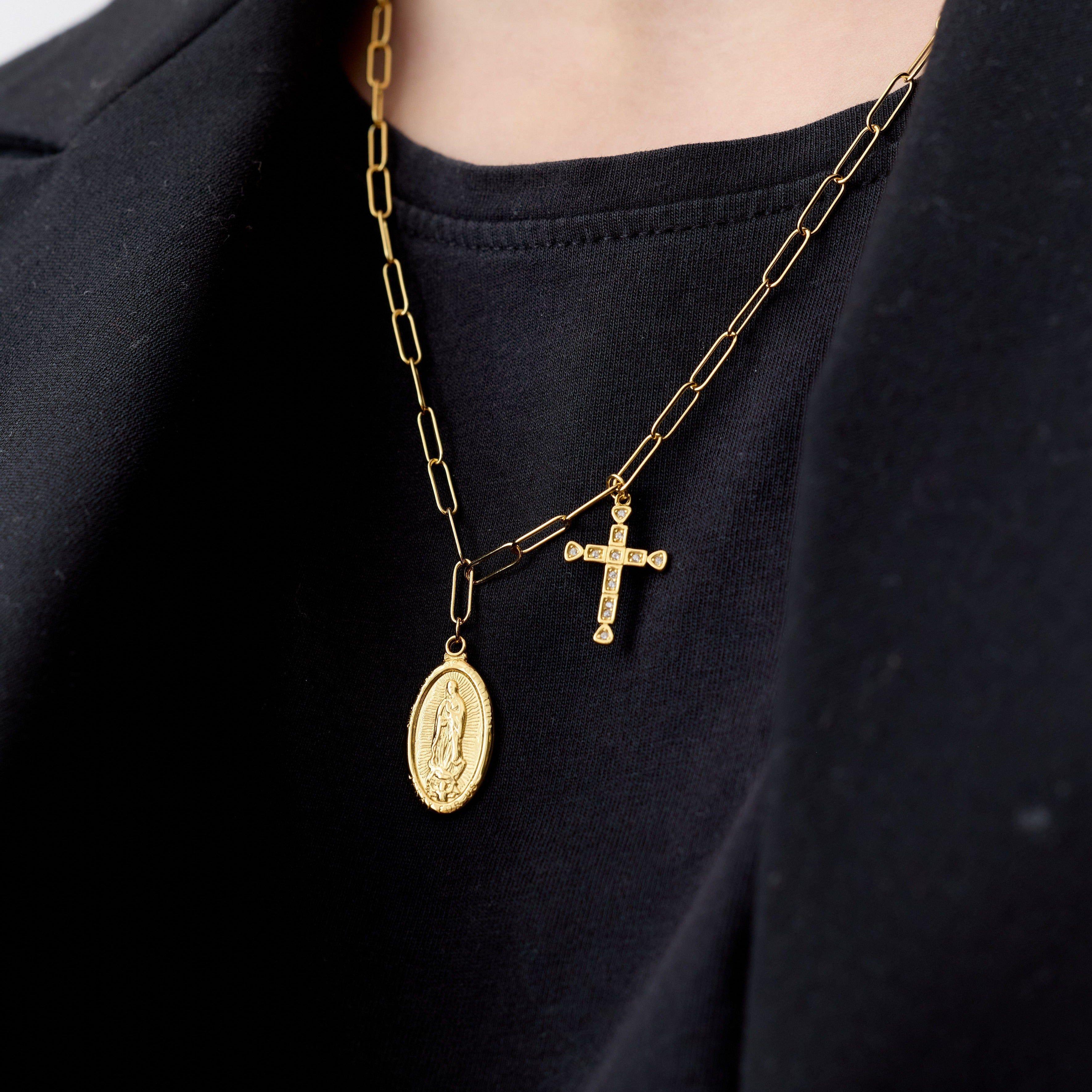 Collar Religioso de Cruz junto con la medalla de la Virgen de los Rayos de Plata 925 enchapada en Oro de 18k-1