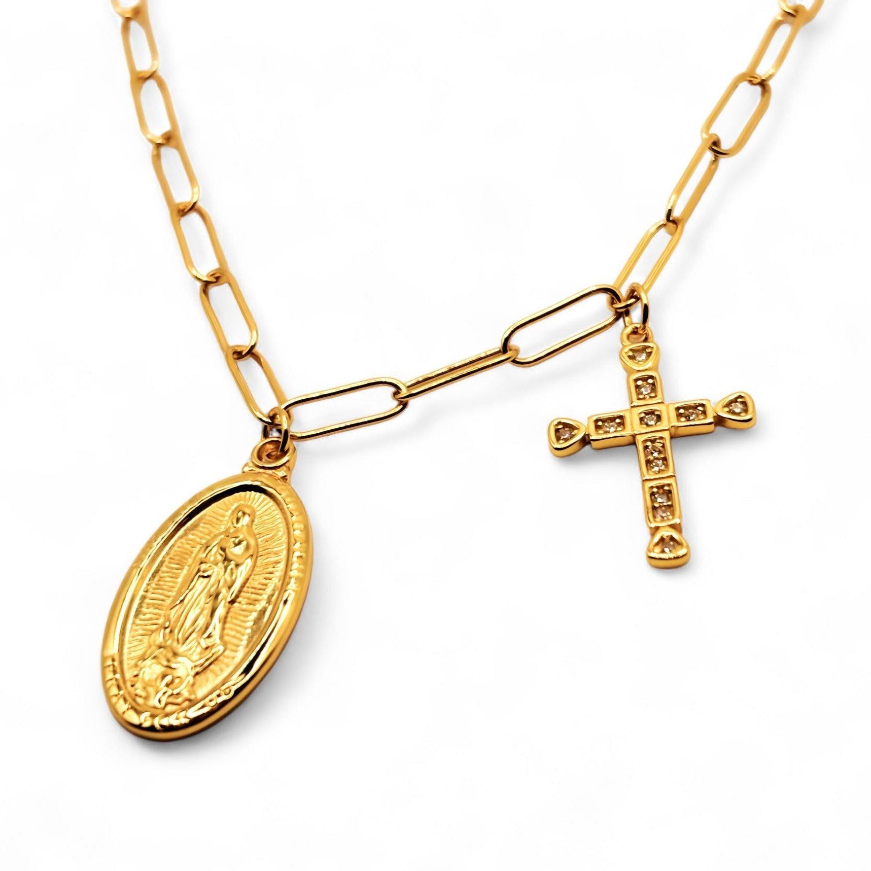 Collar Religioso de Cruz junto con la medalla de la Virgen de los Rayos de Plata 925 enchapada en Oro de 18k-2