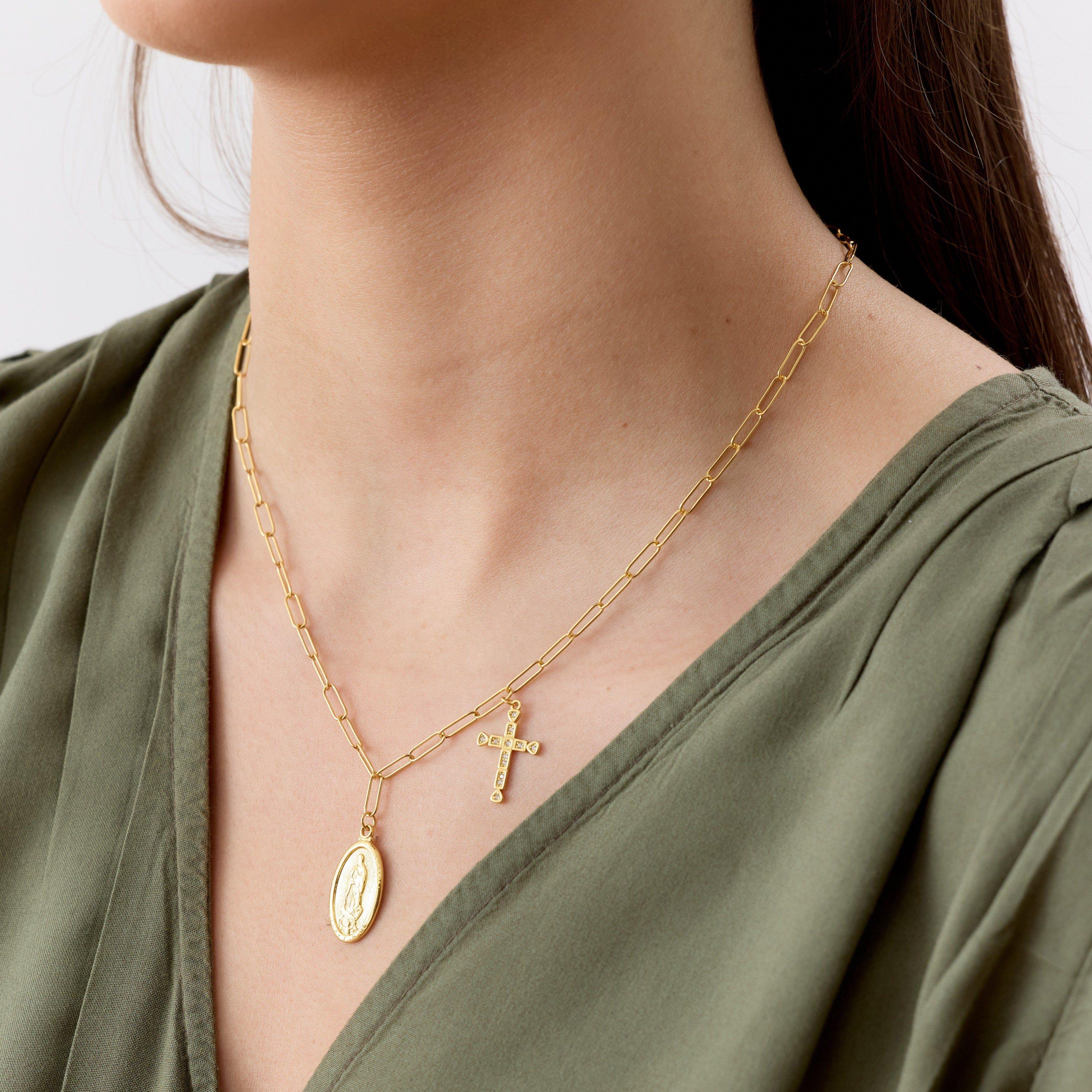 Collar Religioso de Cruz junto con la medalla de la Virgen de los Rayos de Plata 925 enchapada en Oro de 18k-3