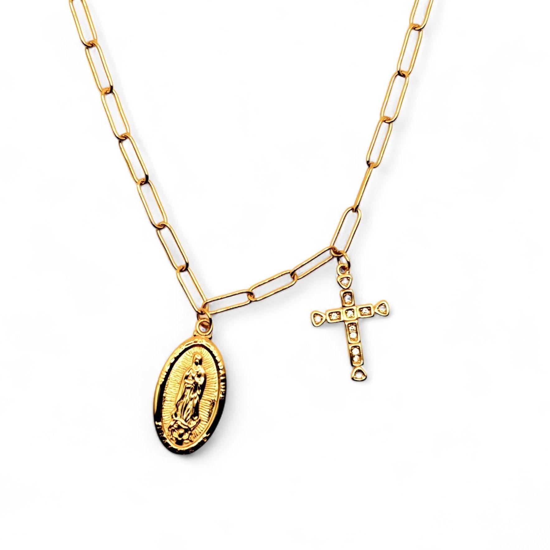 Collar Religioso de Cruz junto con la medalla de la Virgen de los Rayos de Plata 925 enchapada en Oro de 18k-4