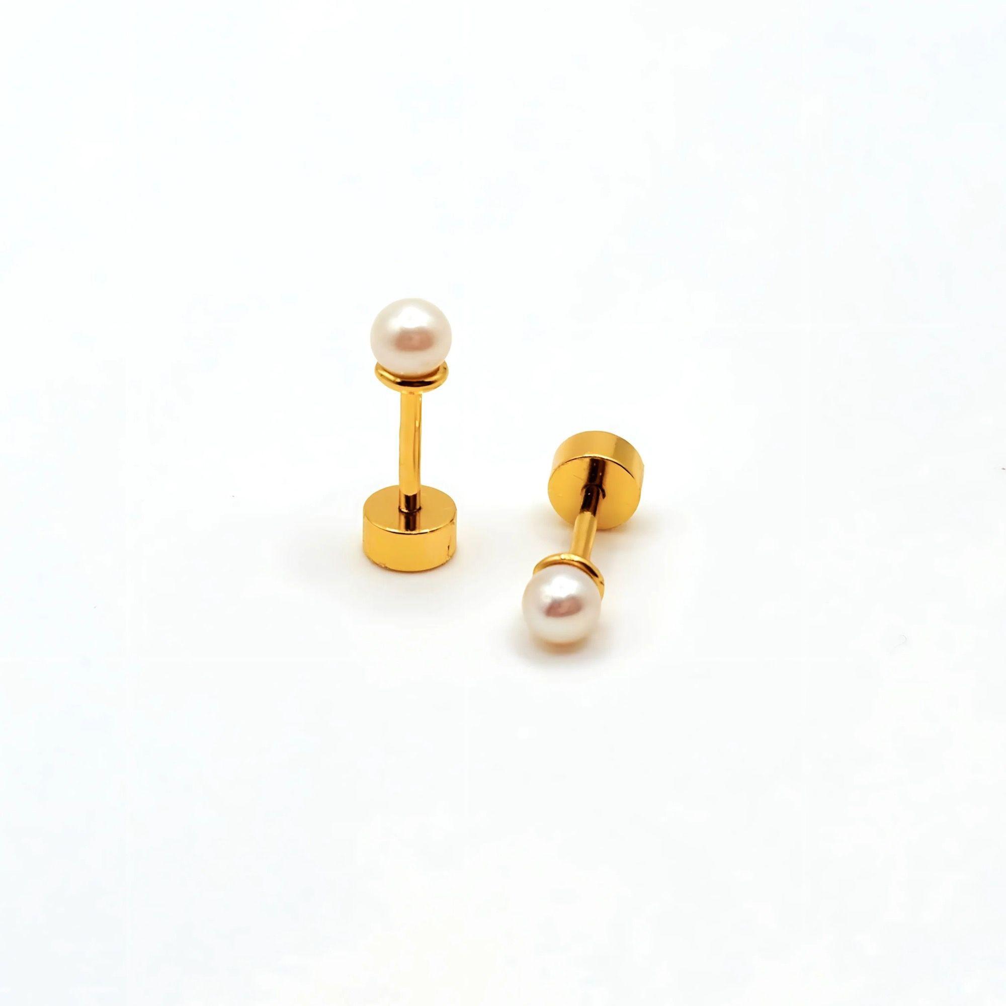 Aros de Perla Cultivada de 3mm de Plata 925 enchapados en Oro 18k-0