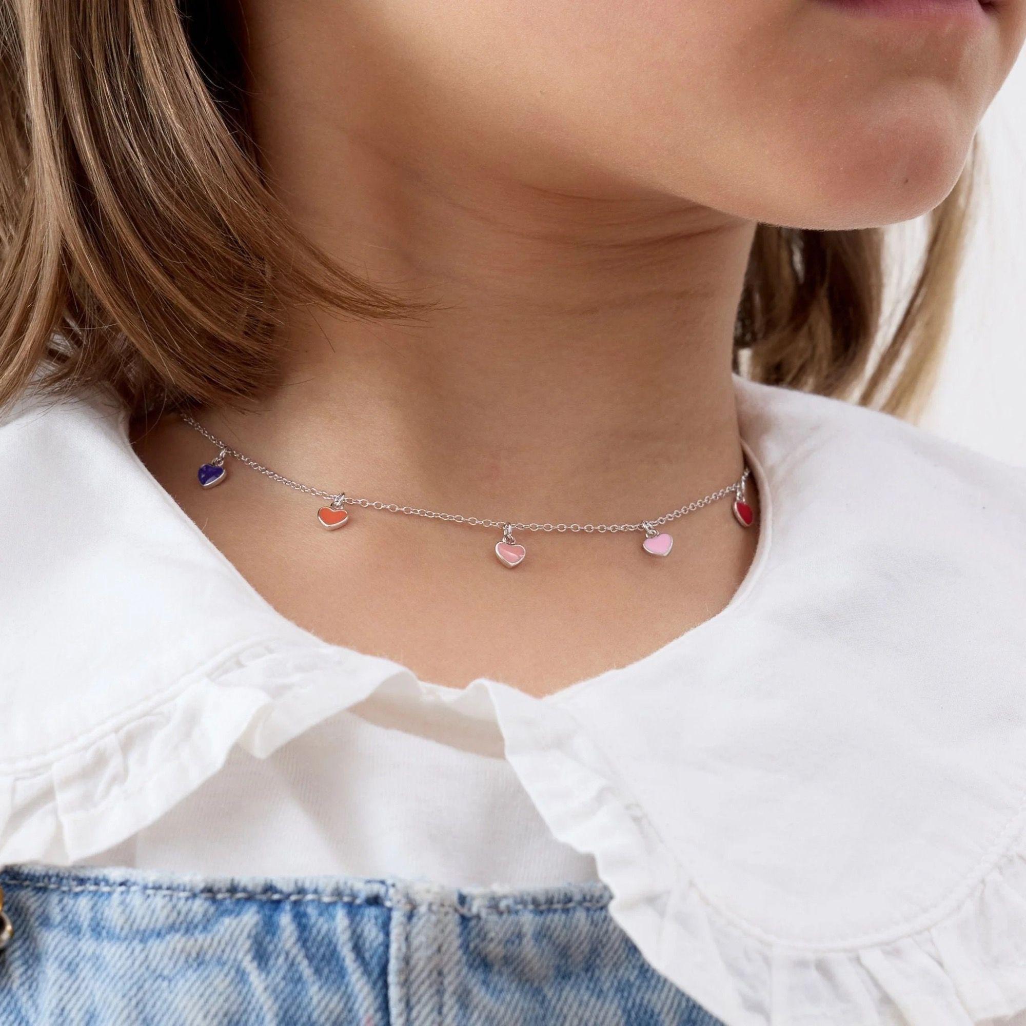 Collar con 7 Corazones Diferente Colores de Plata 925-2