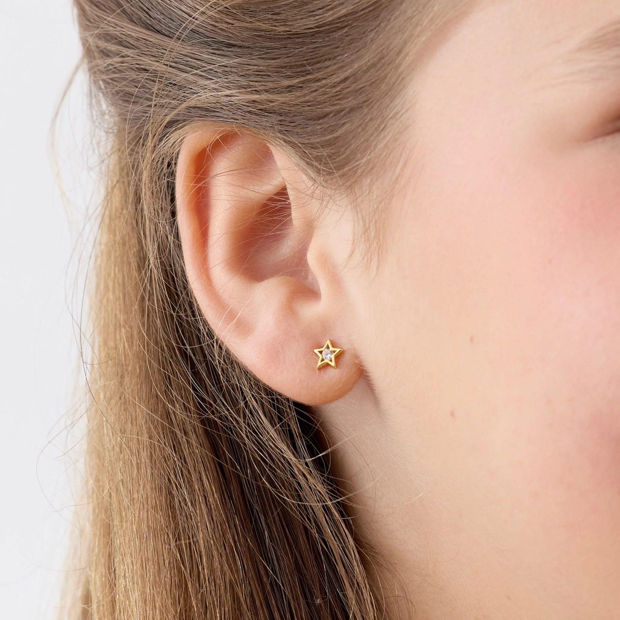 Aros de Estrella de 6mm con Circón de Plata 925 enchapados en Oro 18k-2