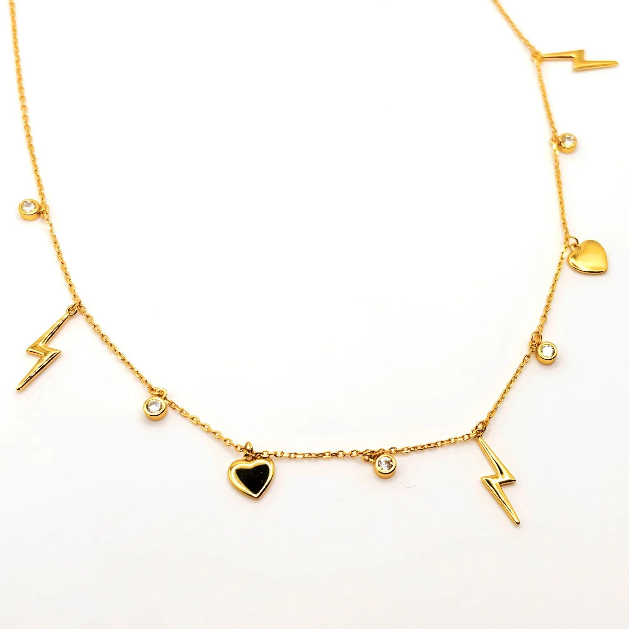 Collar con Circones, Rayos y Corazones de Plata 925 enchapado en Oro 18k-0