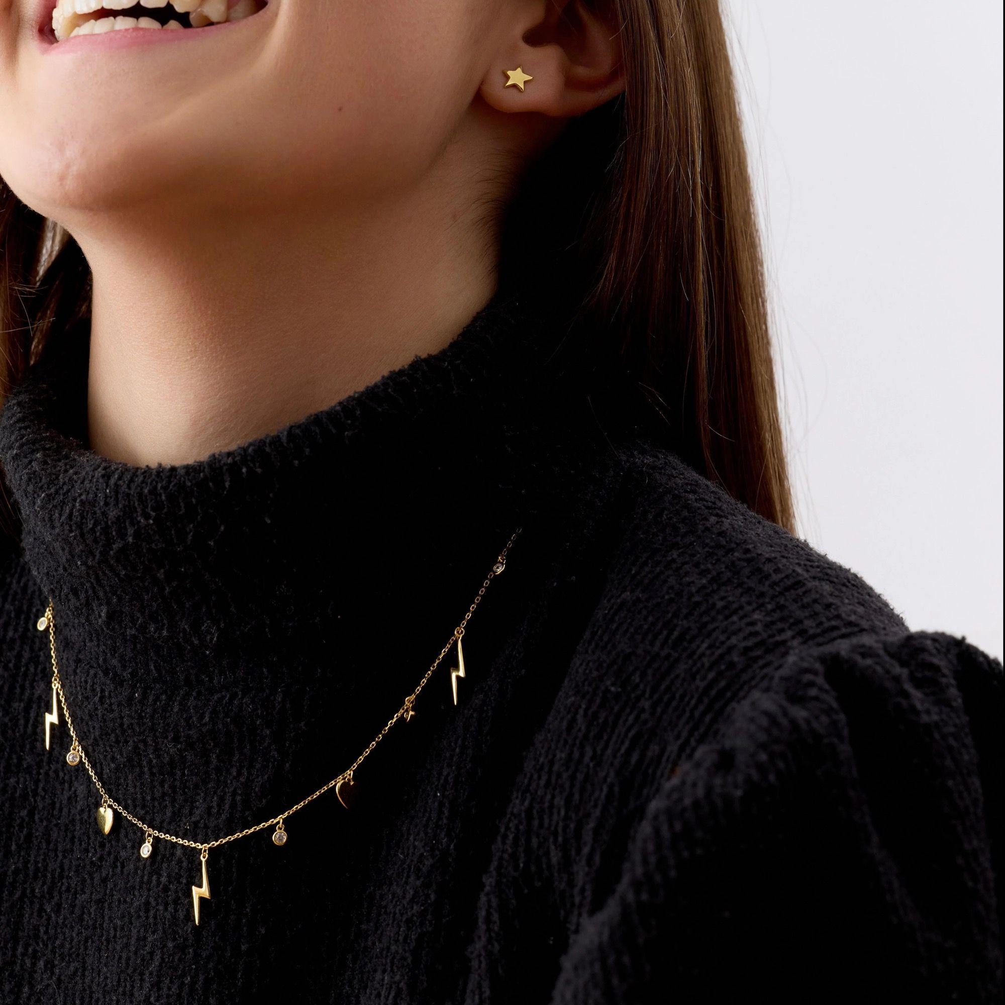Collar con Circones, Rayos y Corazones de Plata 925 enchapado en Oro 18k-1