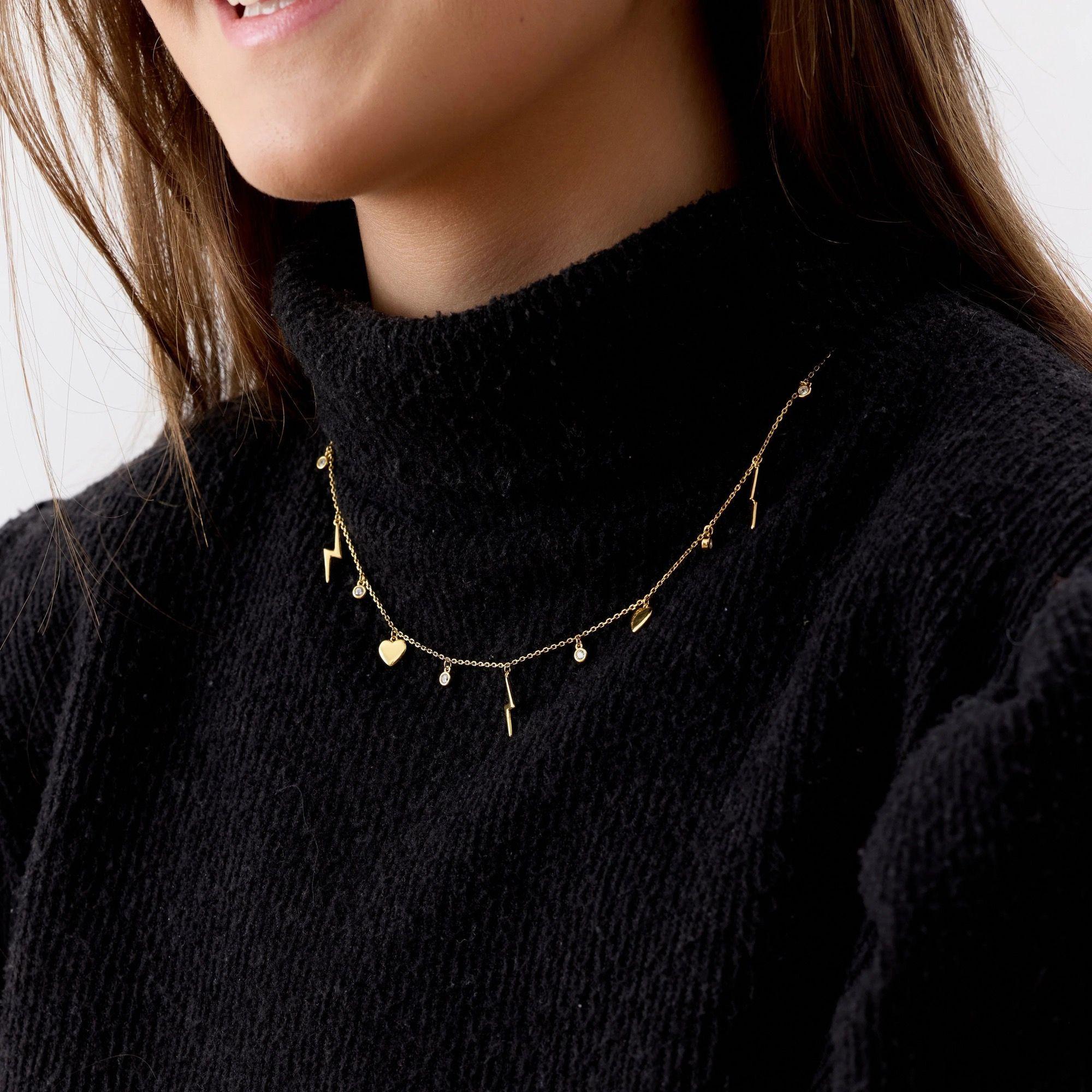 Collar con Circones, Rayos y Corazones de Plata 925 enchapado en Oro 18k-3