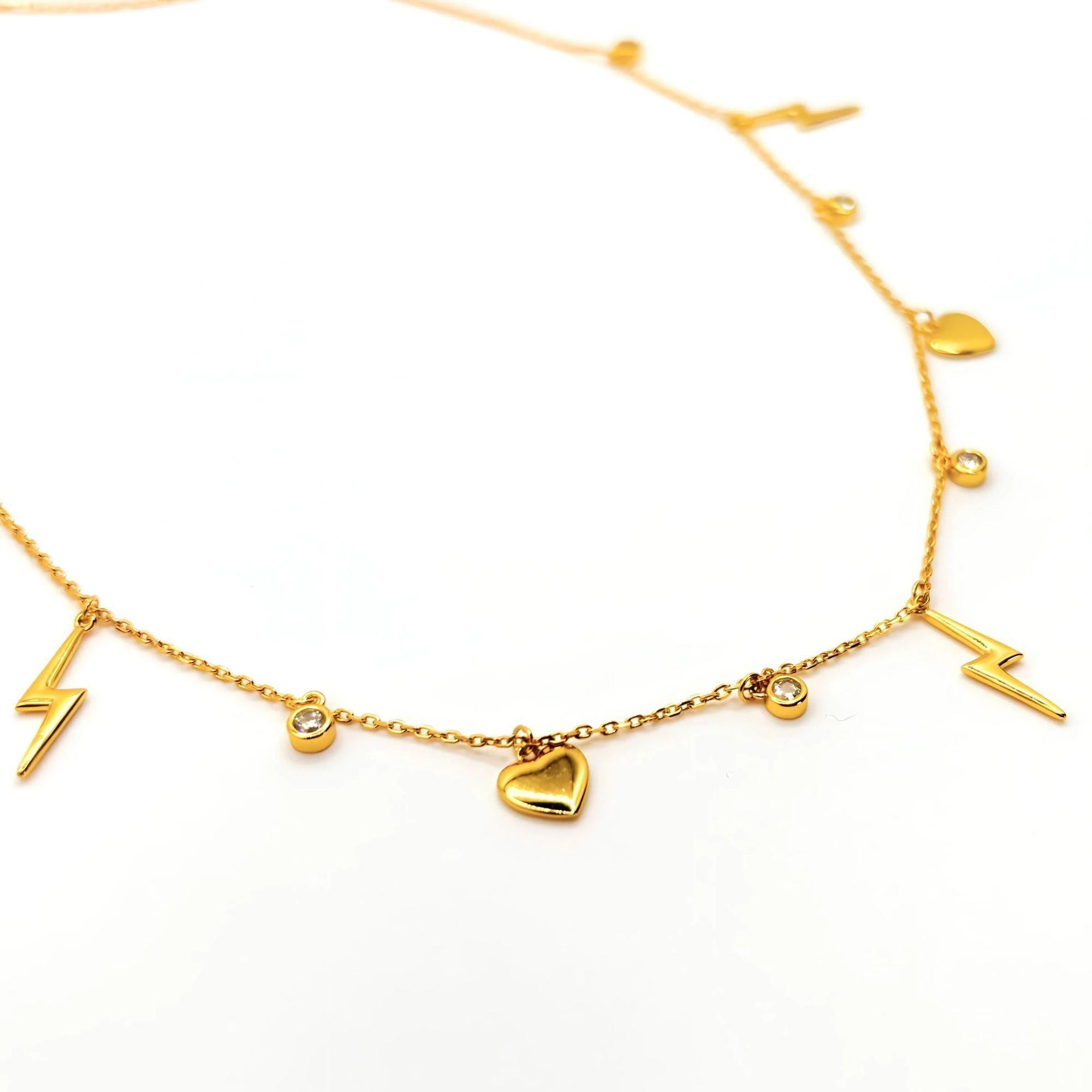 Collar con Circones, Rayos y Corazones de Plata 925 enchapado en Oro 18k-4